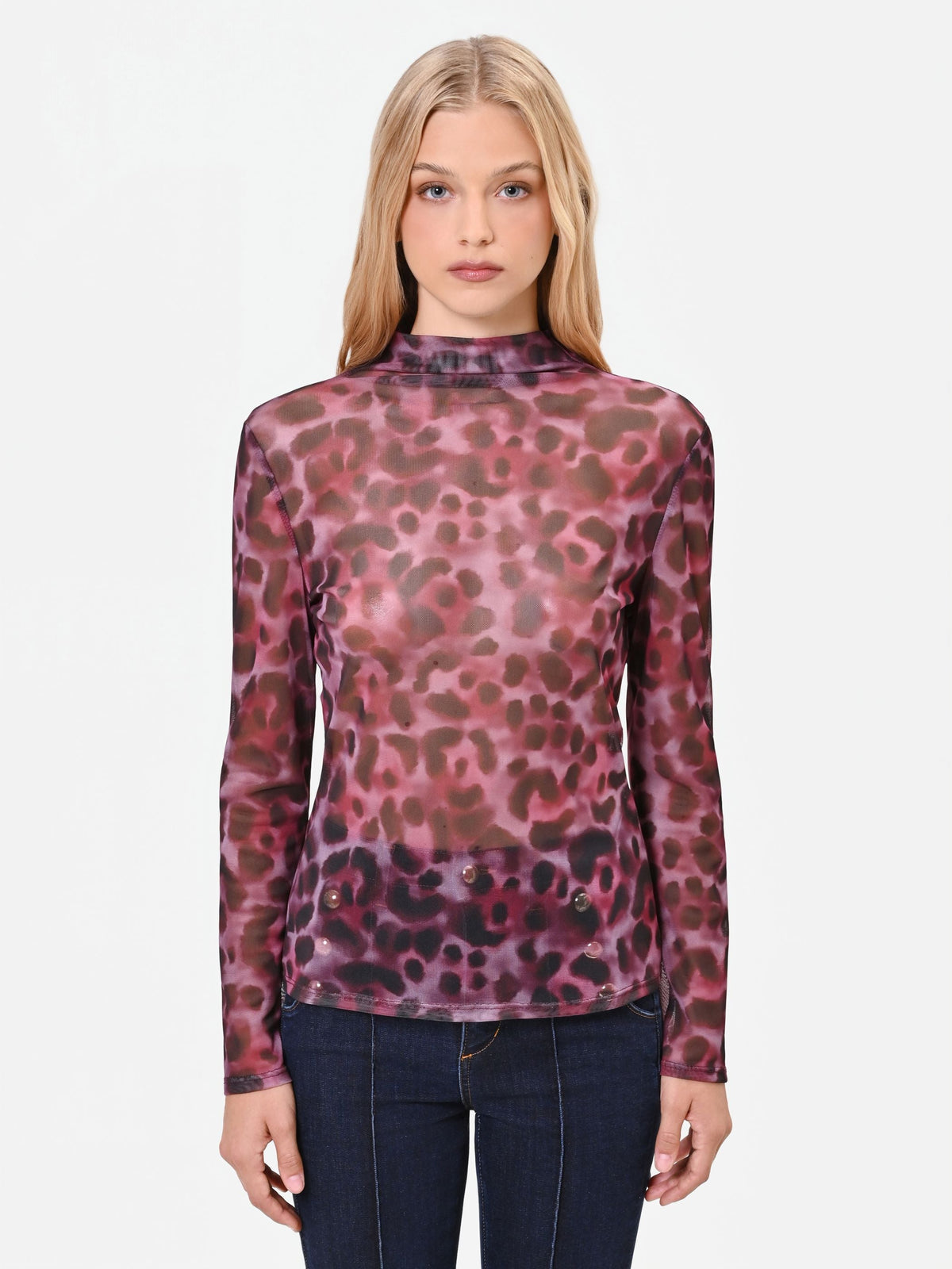 Blusa in tulle aderente rosso bordeaux con stampa animalier