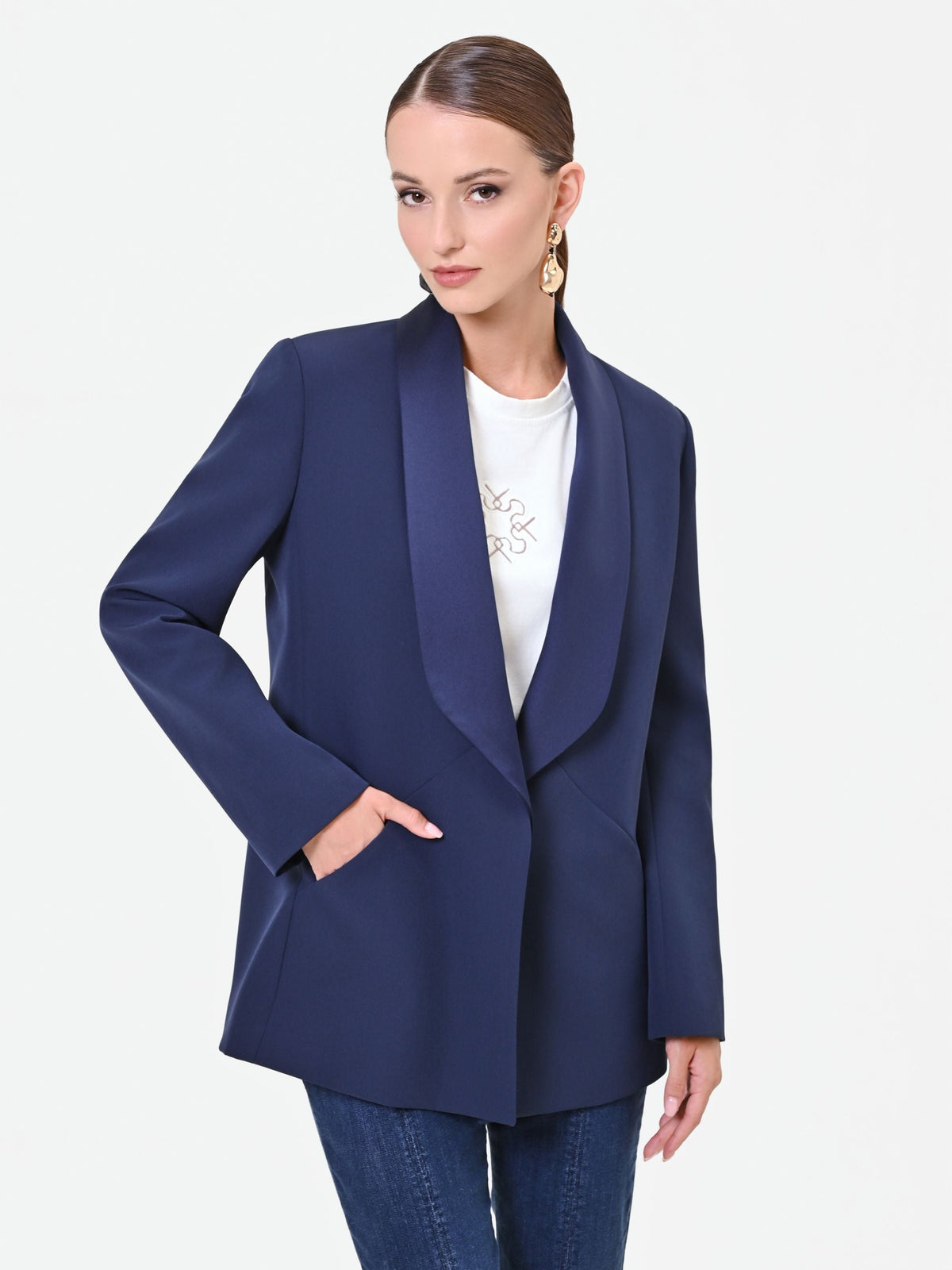 Giacca blu navy con collo a scialle