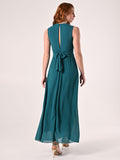 Abito Verde Reale Lungo con Piping Strass