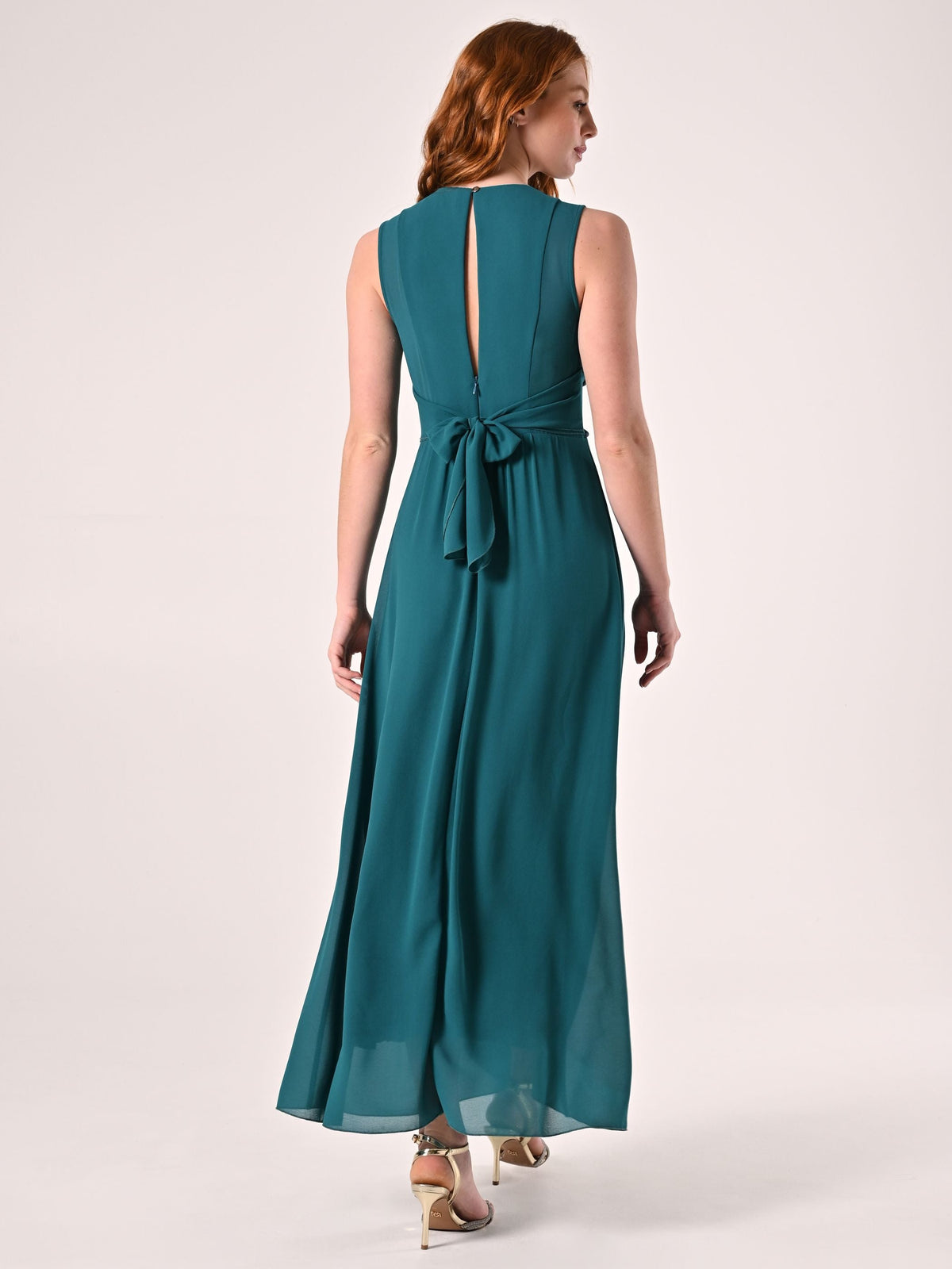 Abito Verde Reale Lungo con Piping Strass