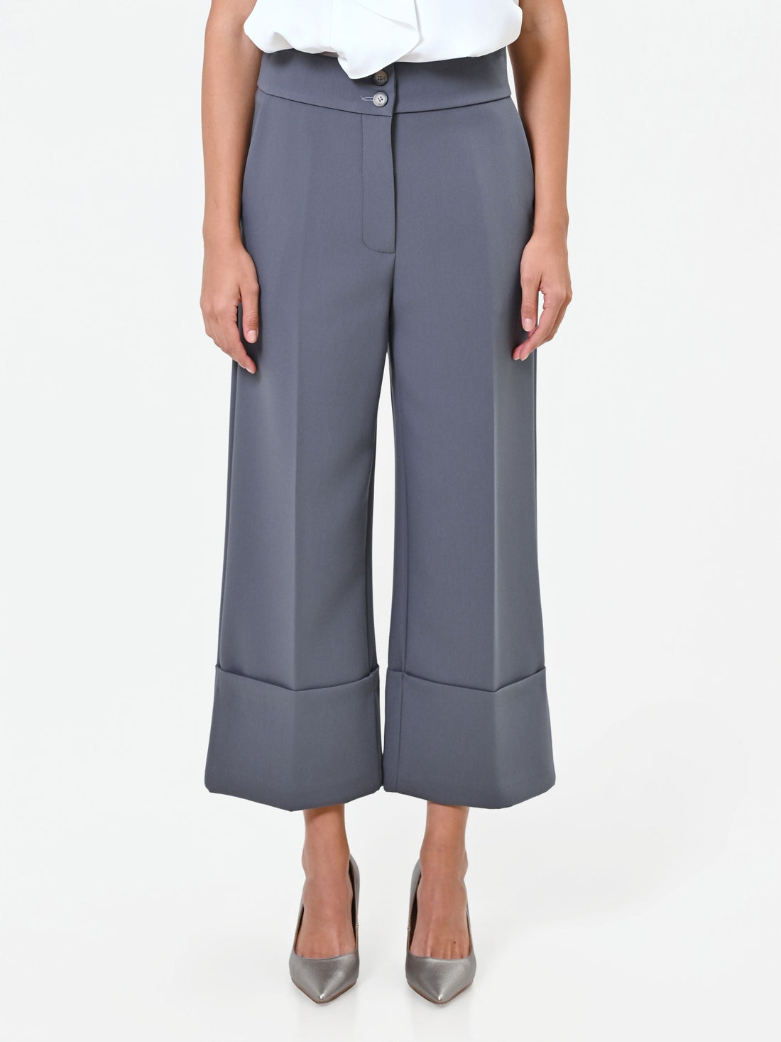 Pantalone culotte grigio con risvolto alto