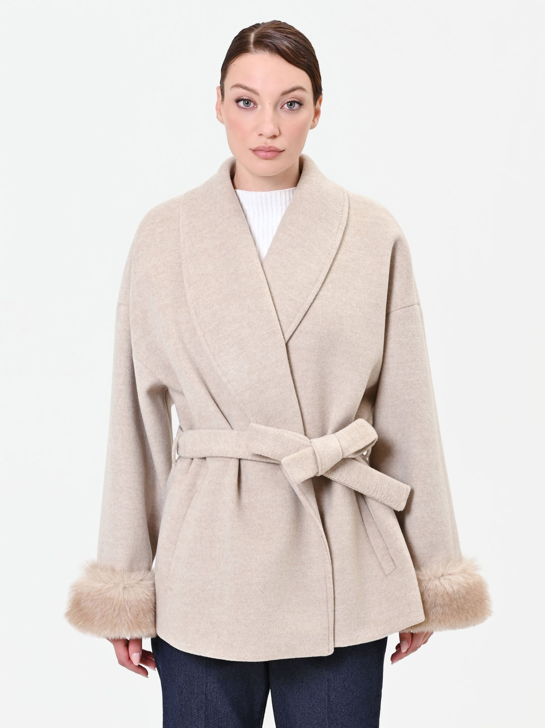 Cappotto corto a vestaglia tortora beige misto lana