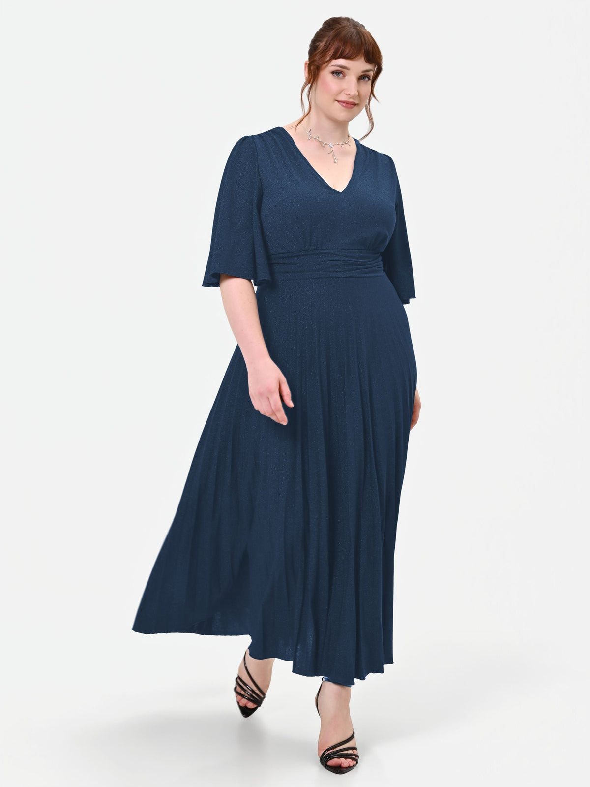 Abito Curvy blu navy plissettato con micro-glitter