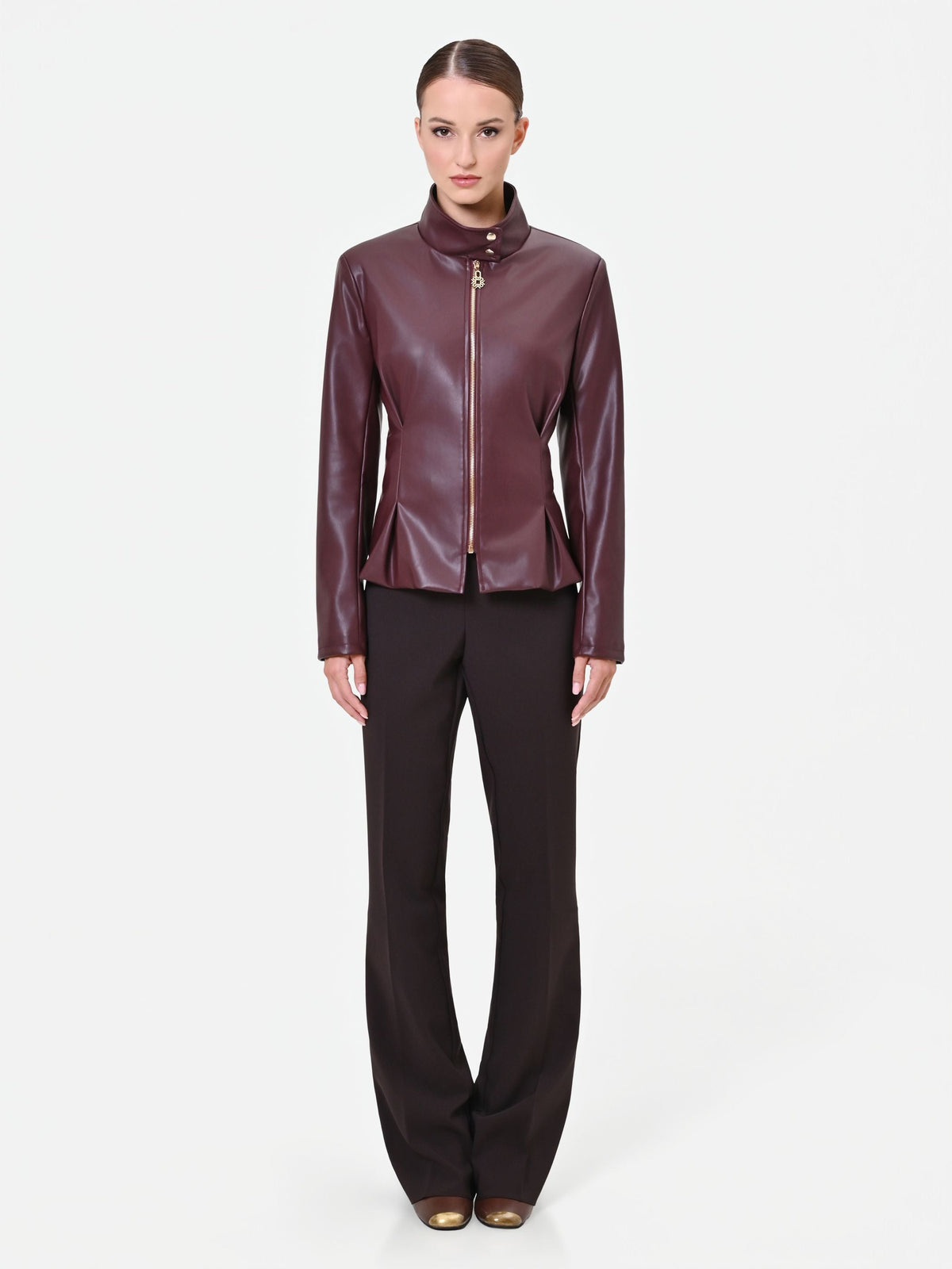 Giacca in similpelle bordeaux rosso con baschina