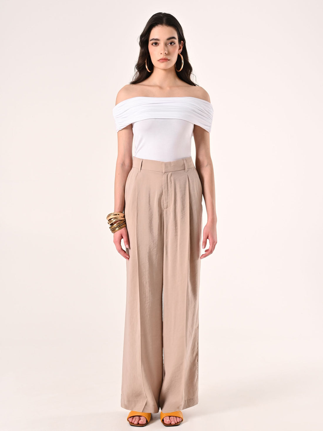 Pantaloni Ampi in Misto Moda Beige Scuro
