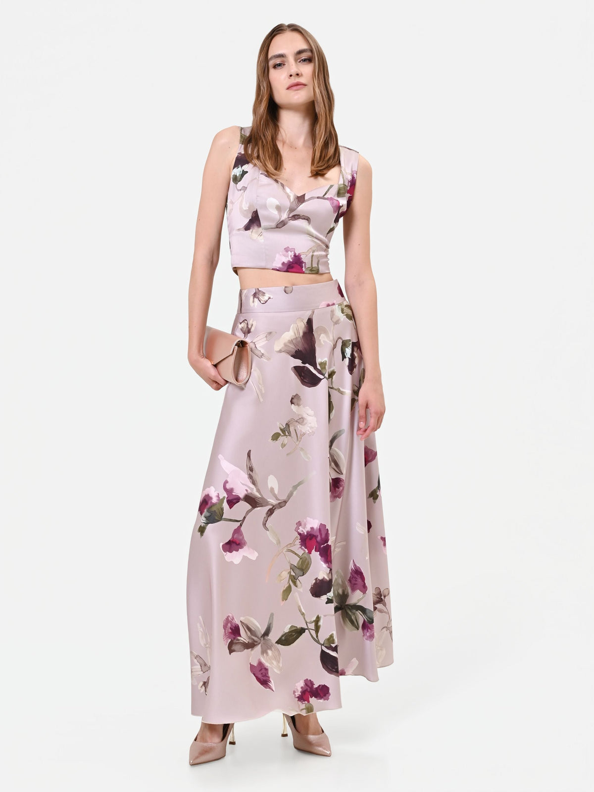 Gonna lunga in raso stampa floreale tortora beige