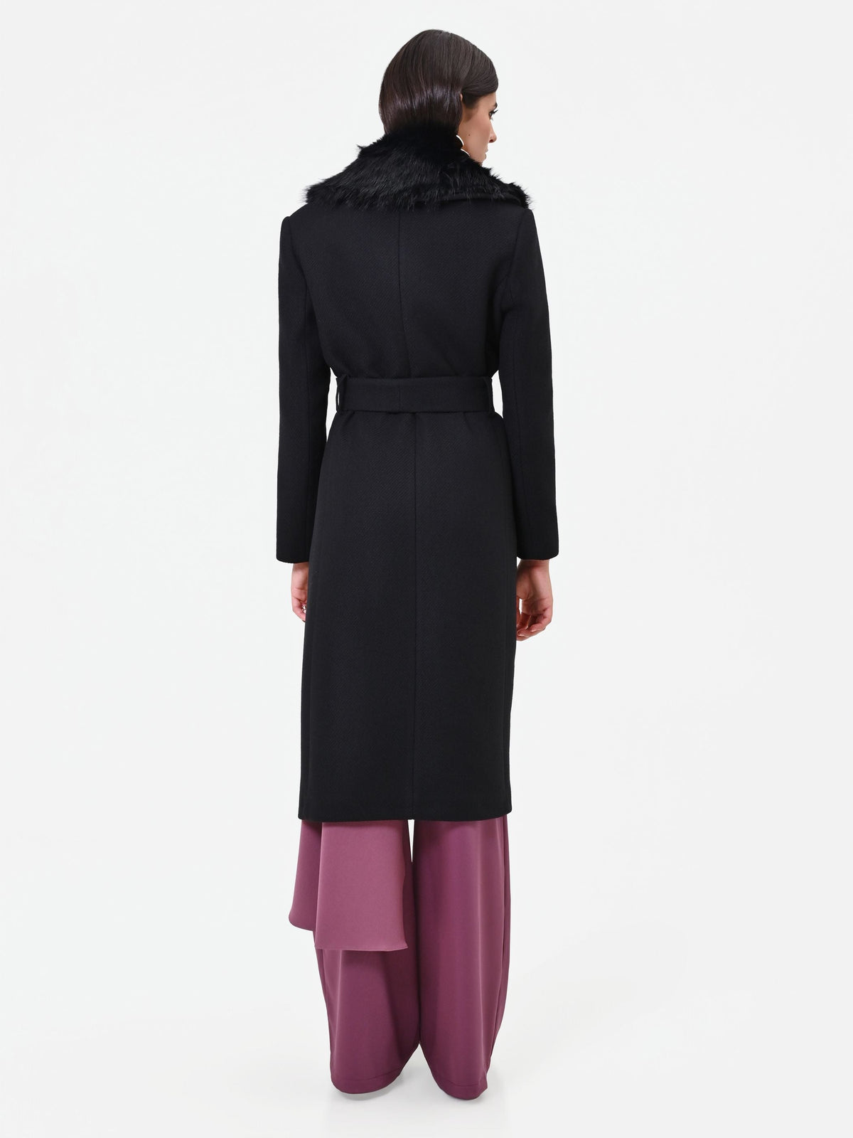 Cappotto midi nero con collo effetto pelliccia misto lana Giorgia Palmas X Rinascimento