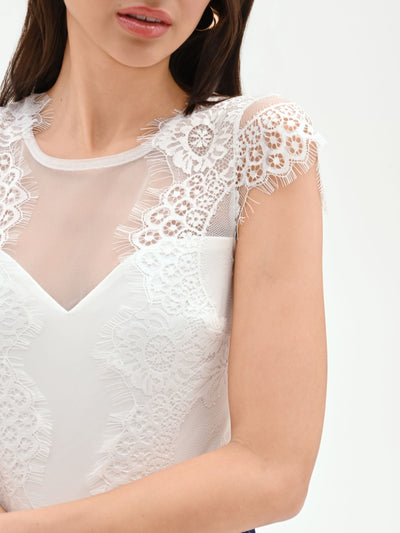 Top body avorio con inserti in pizzo e tulle
