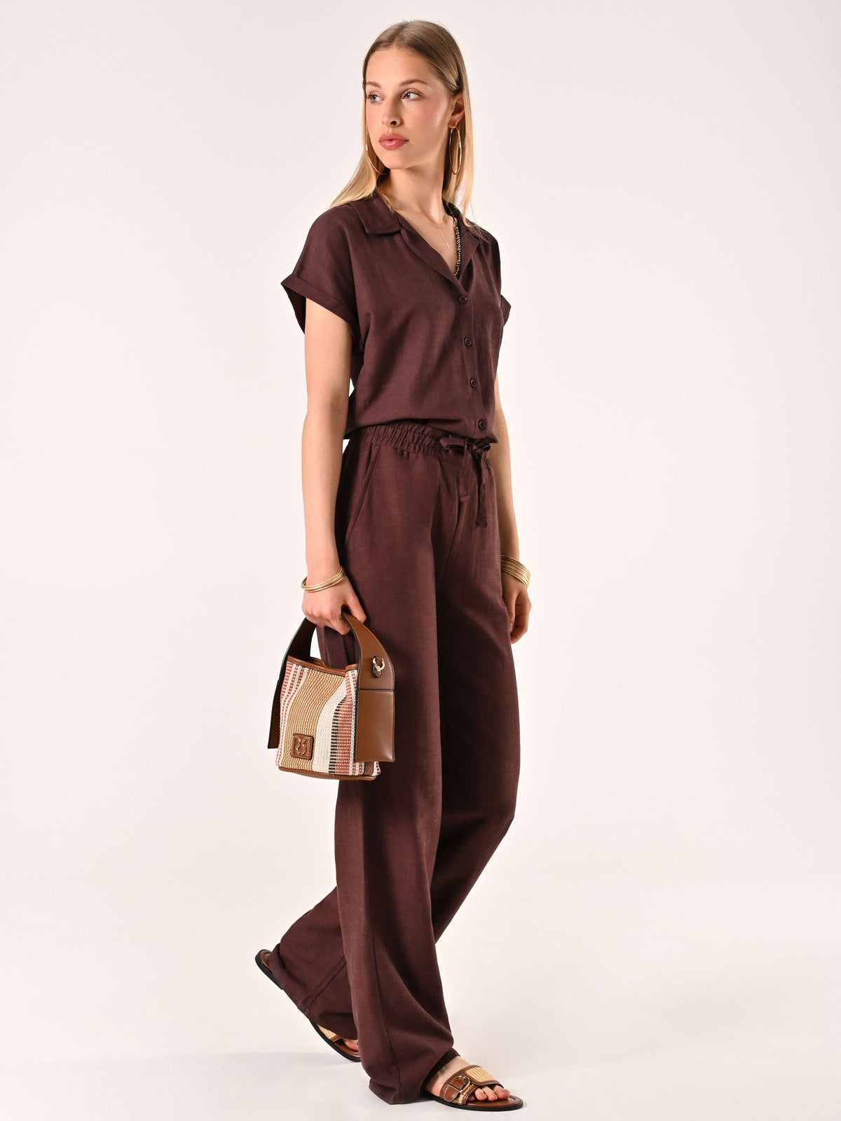 Pantaloni Marrone Cioccolato Ampi in Lino Cotone