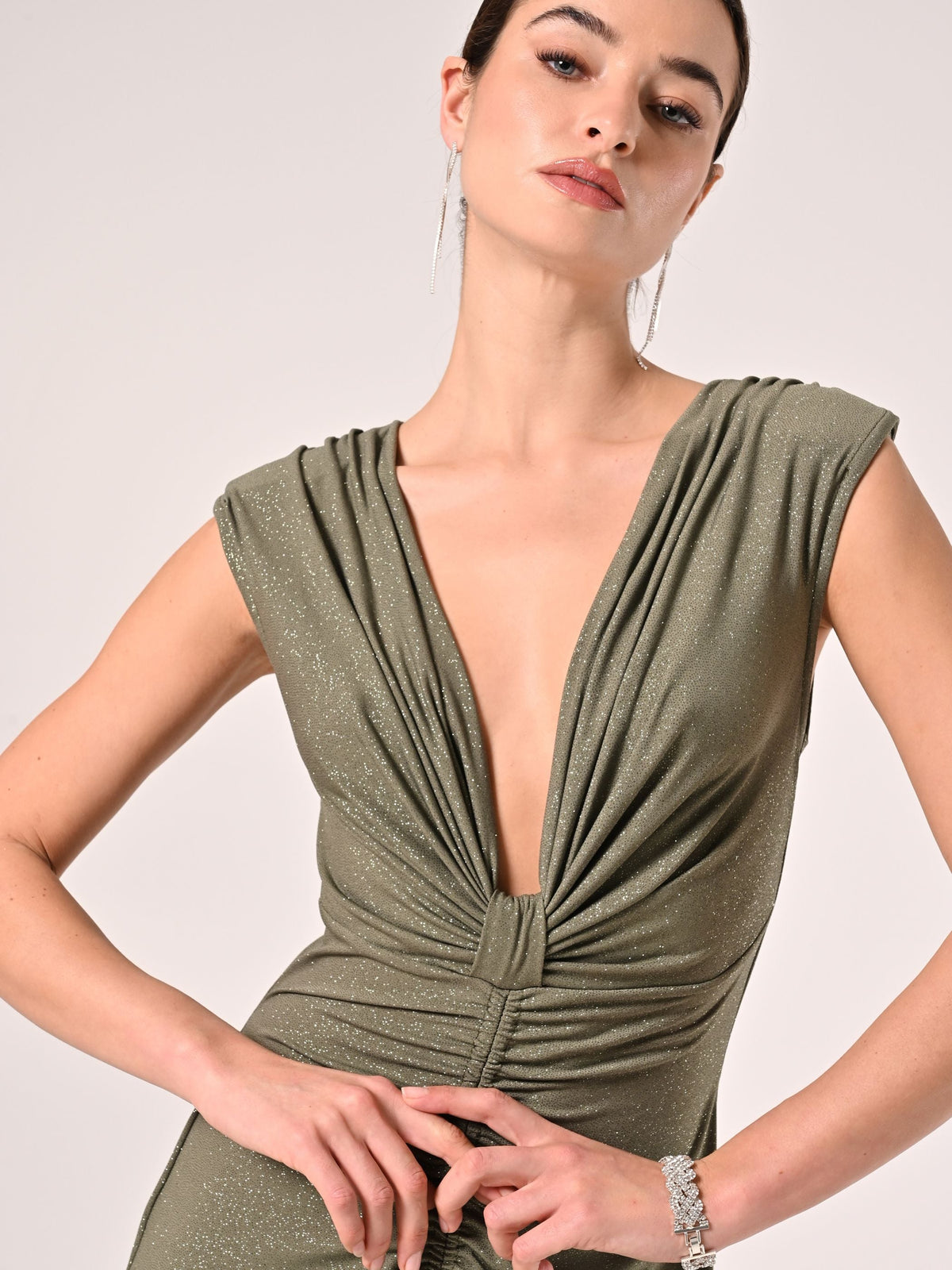 Abito Lungo Verde Militare con Glitter