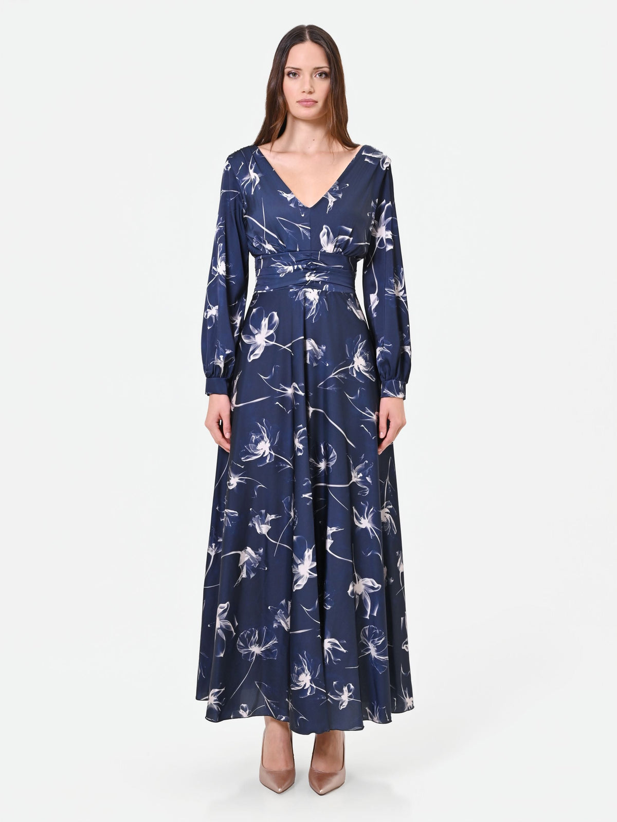 Abito lungo blu navy a fantasia floreale