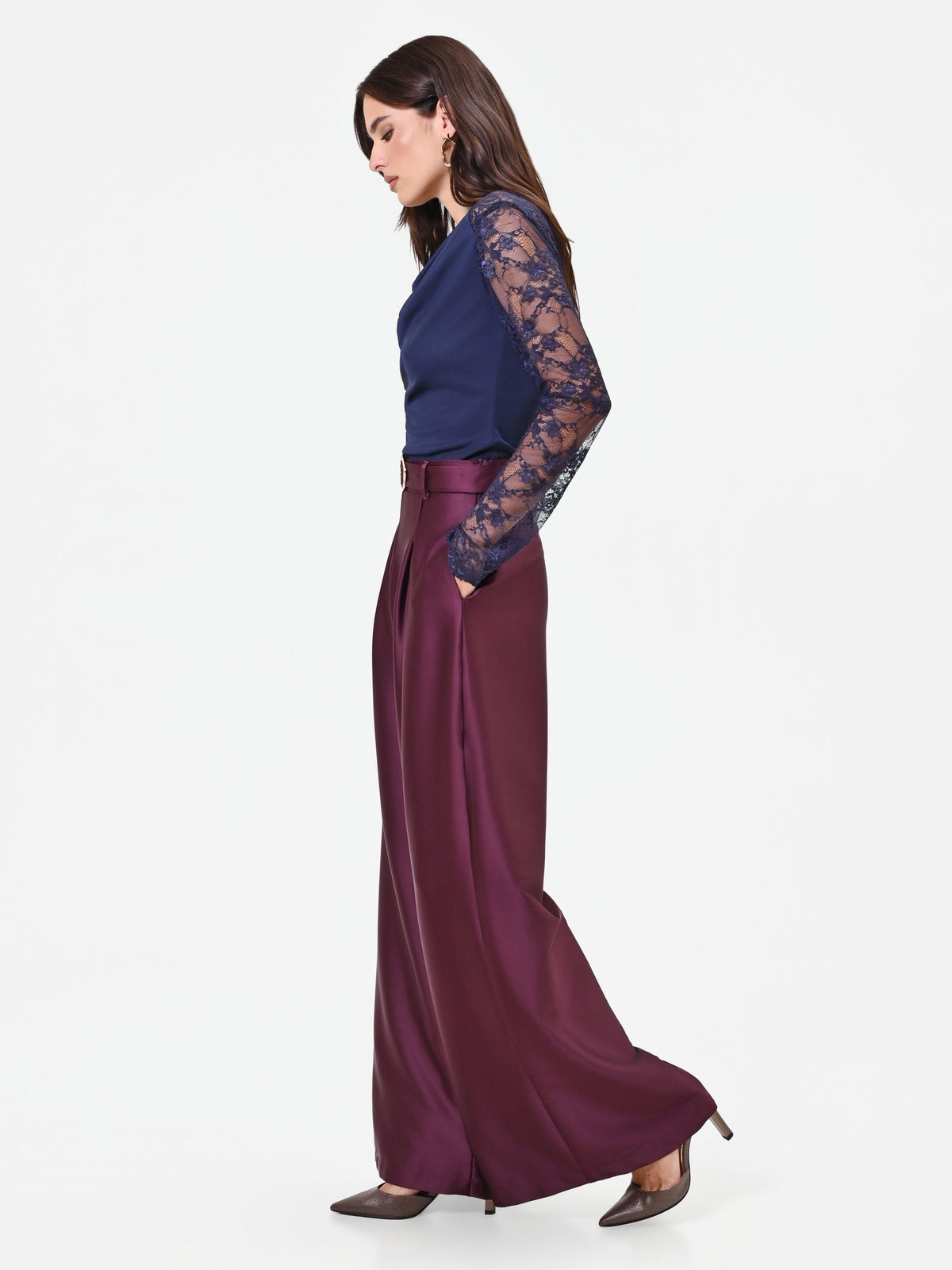 Pantalone palazzo bordeaux in raso
