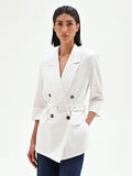 Blazer doppiopetto panna in lino con cintura