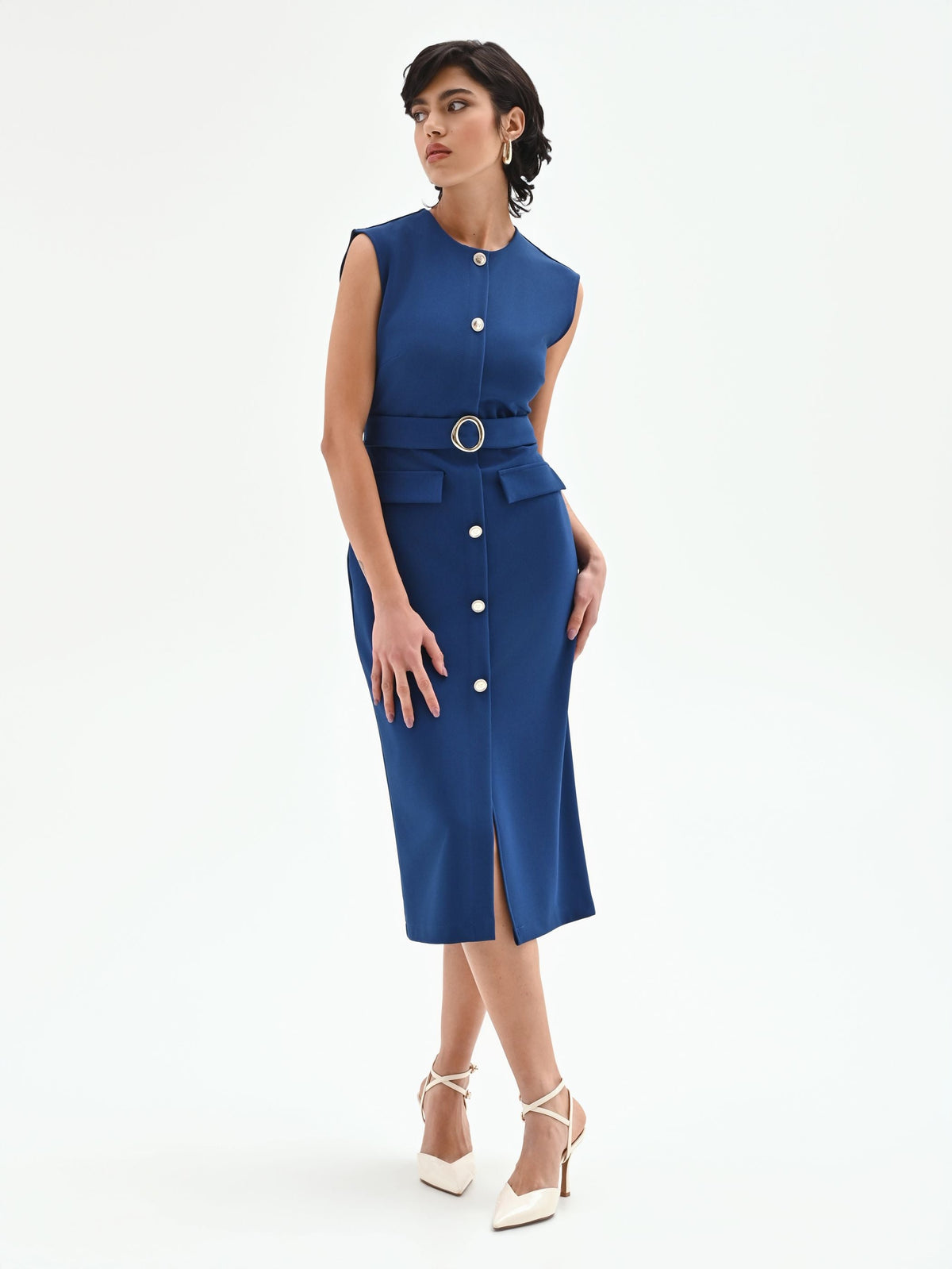 Tubino midi blu brillante con cintura