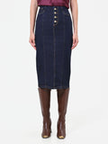 Gonna tubino blu navy in denim con bottoni dorati