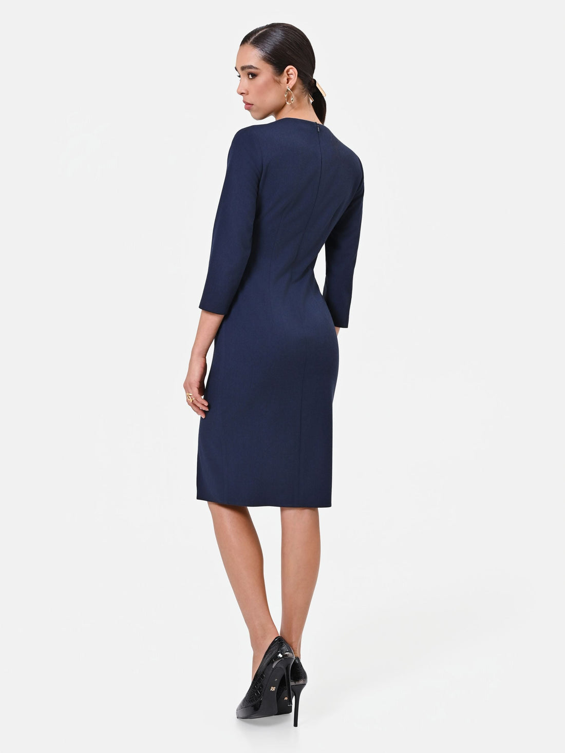 Abito tubino in misto viscosa blu navy con incrocio