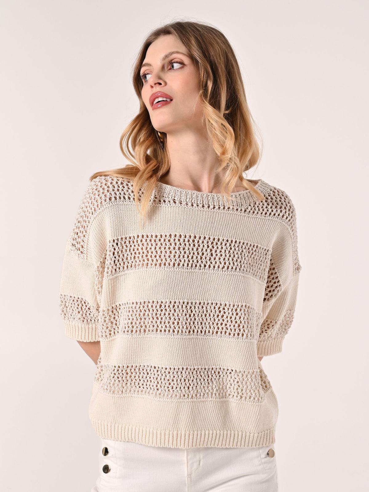 T-shirt in Maglia Traforata Beige