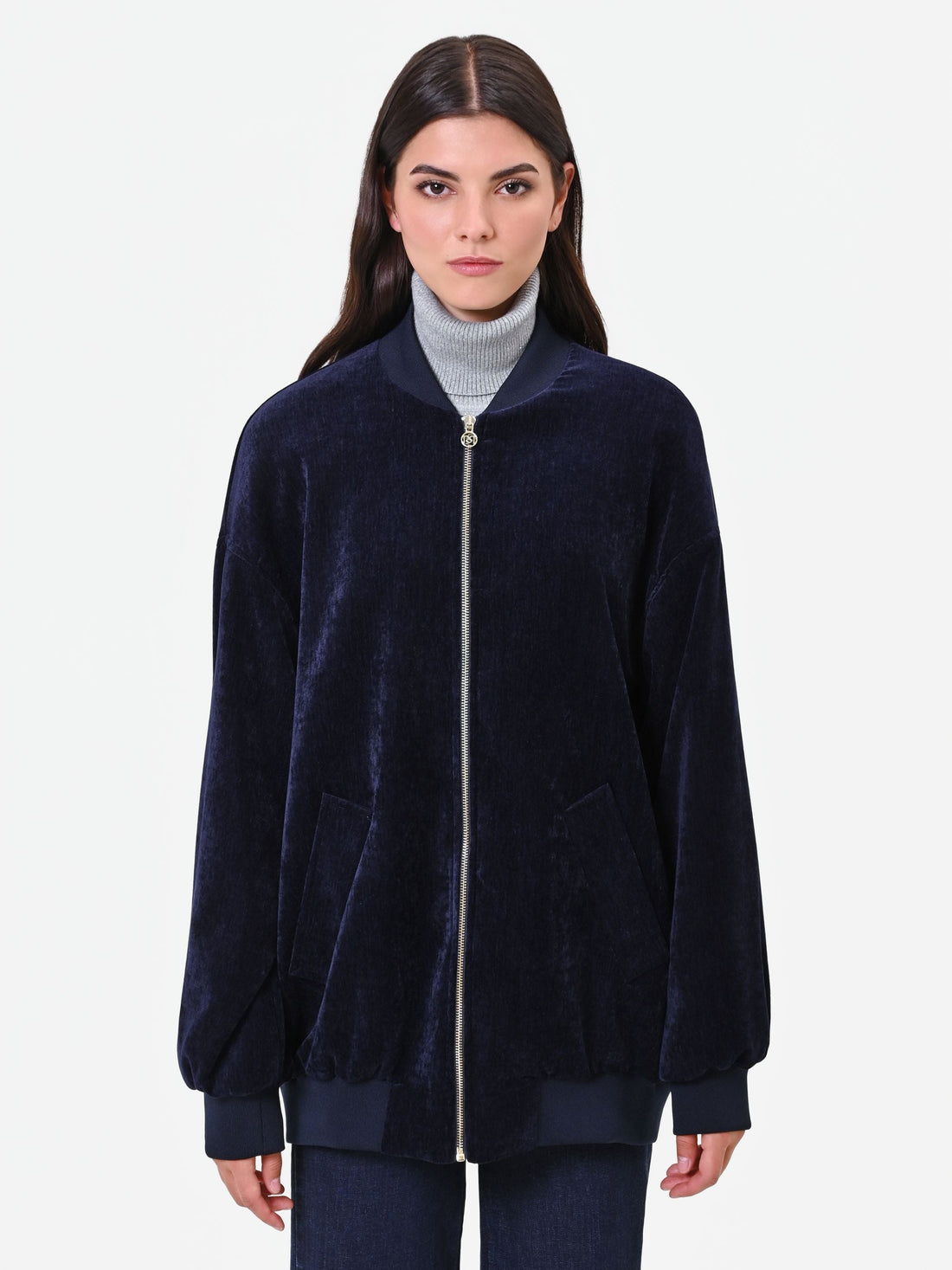 Bomber oversize in velluto blu navy Giorgia Palmas X Rinascimento
