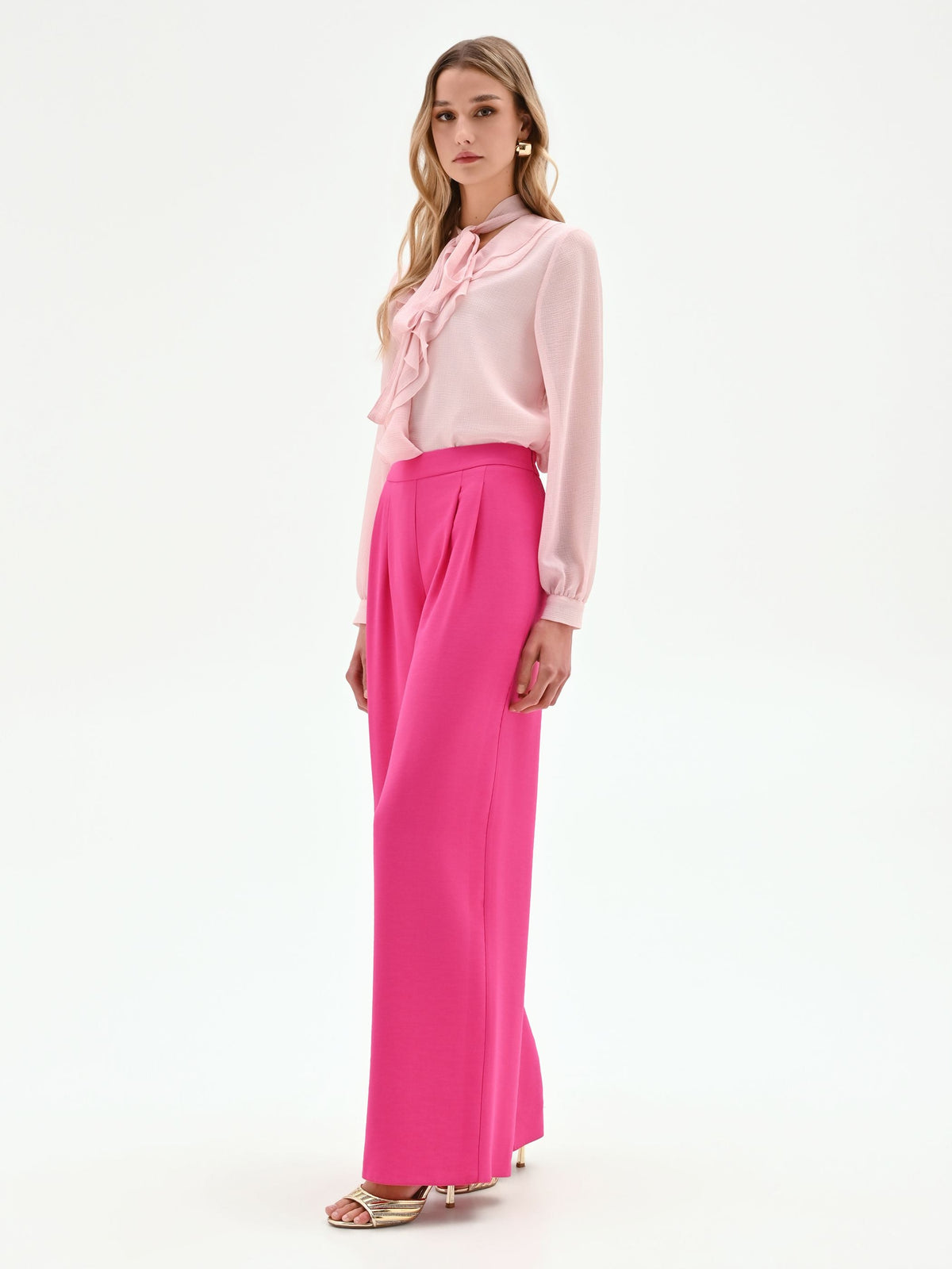 Pantalone palazzo fucsia a vita alta in poliviscosa
