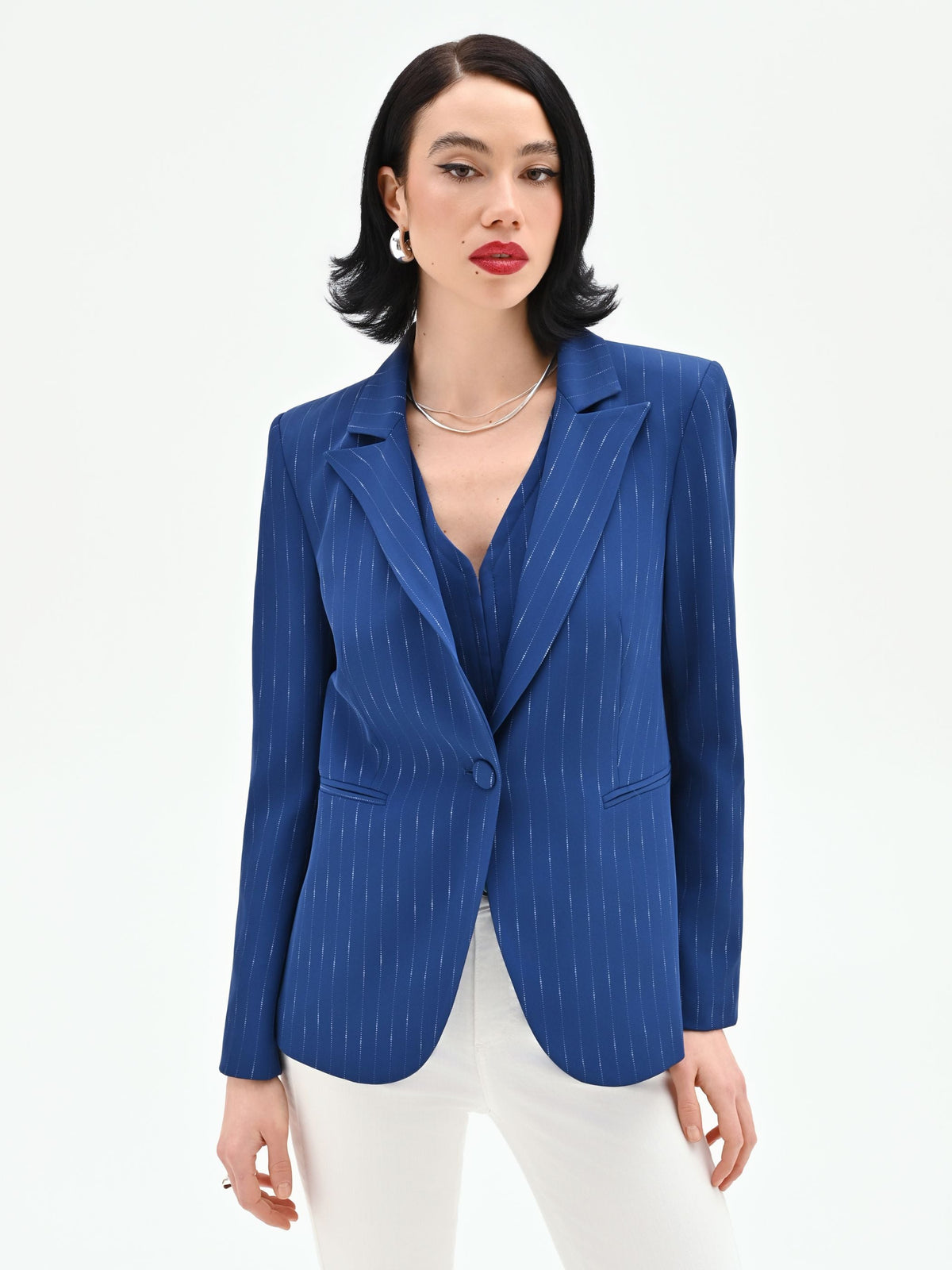 Giacca blazer blu brillante effetto gessato