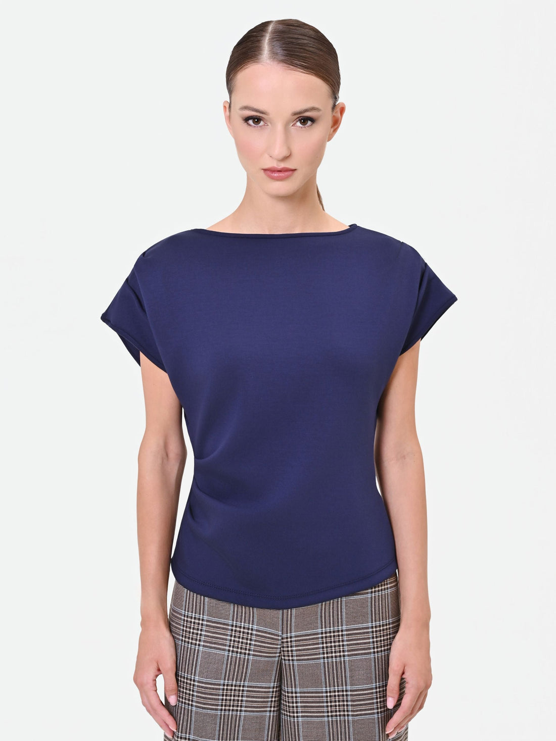T-shirt blu navy con drappeggio asimmetrico