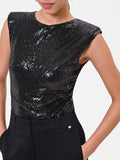 Top smanicato nero in paillettes
