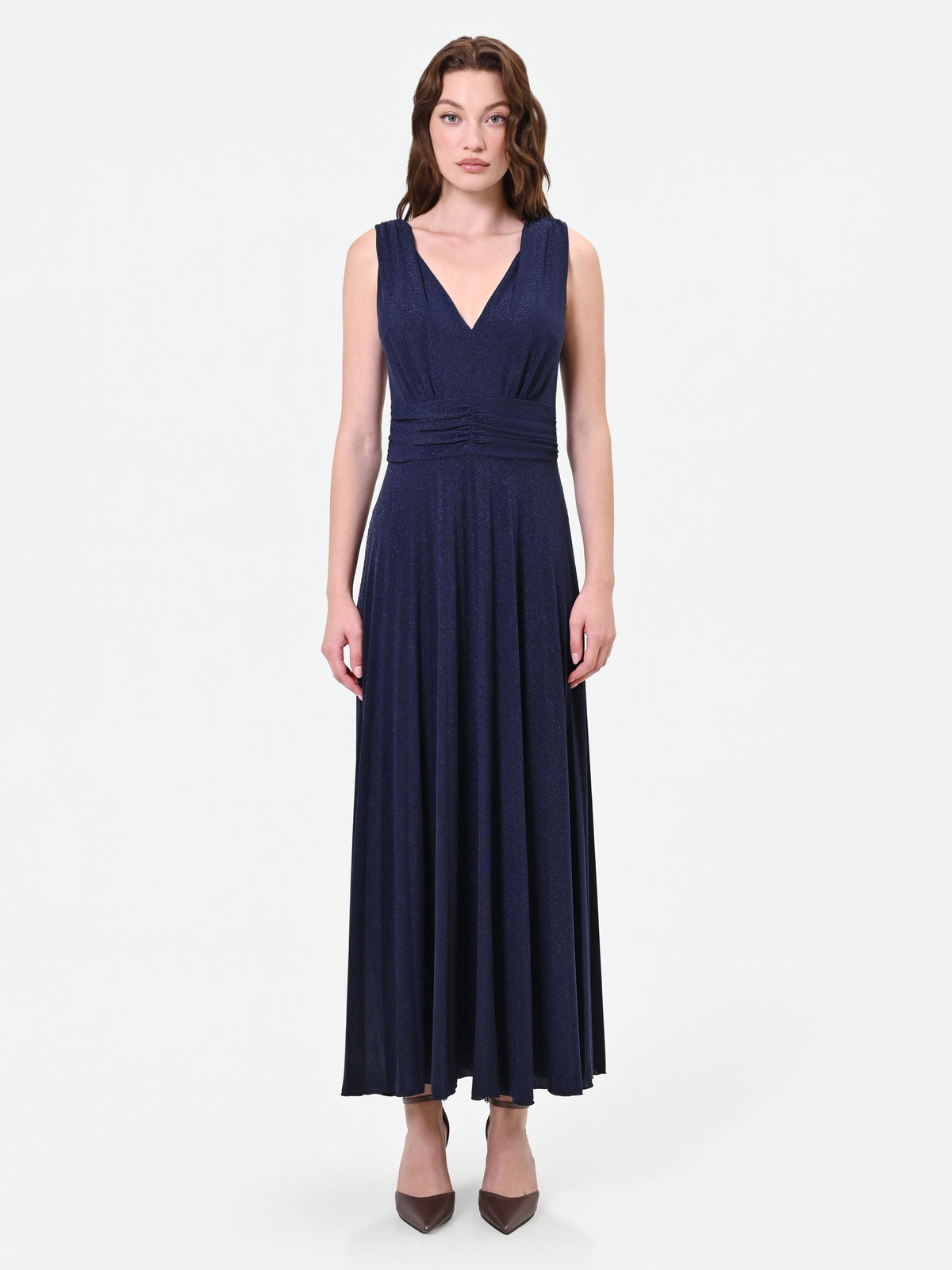 Abito lungo blu navy con drappeggio in vita