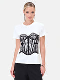 T-shirt panna con stampa bustier a rilievo