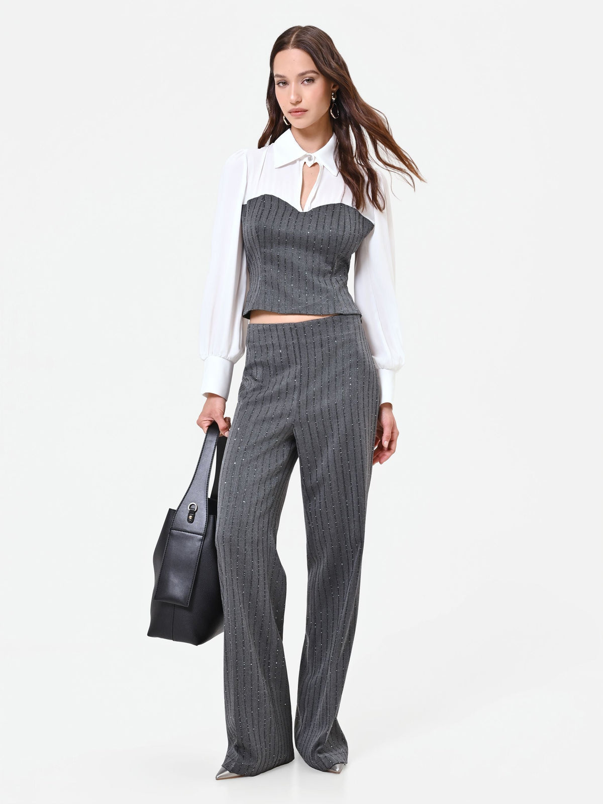 Pantalone gessato grigio con paillettes