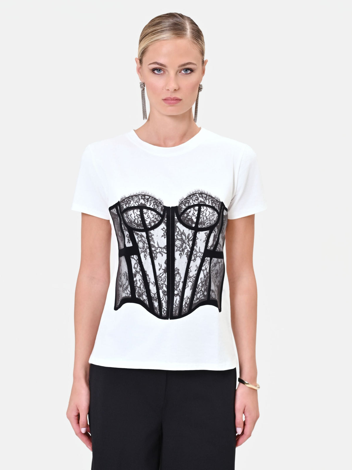 T-shirt panna con stampa bustier a rilievo