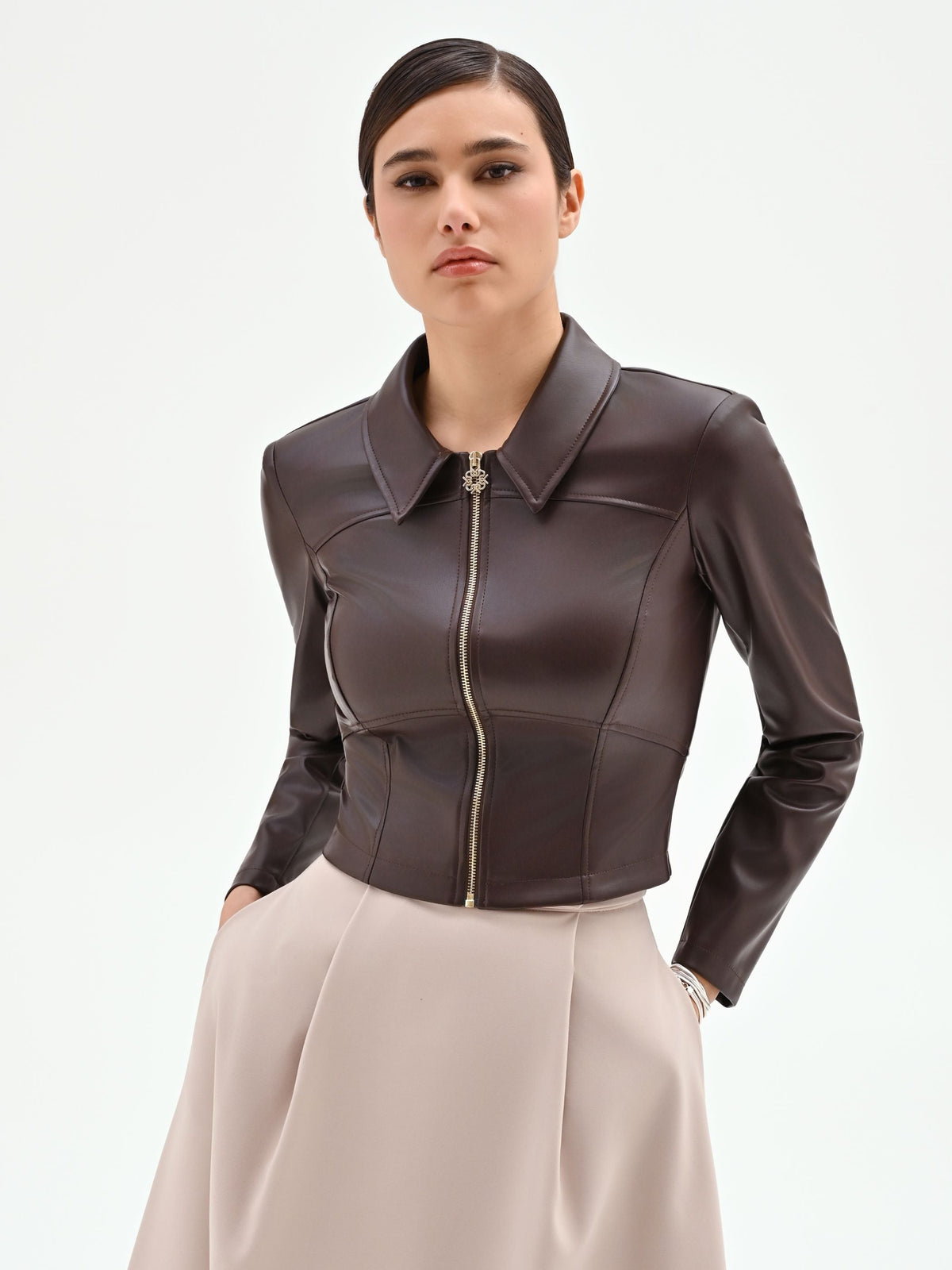 Giacca similpelle marrone con colletto