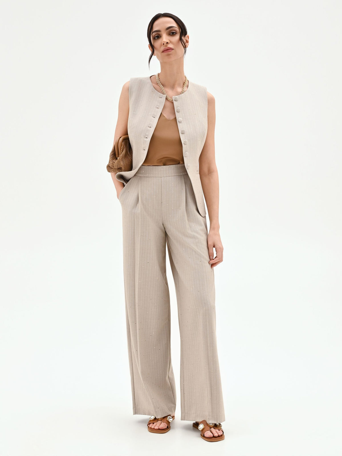 Pantalone palazzo beige gessato con punti luce