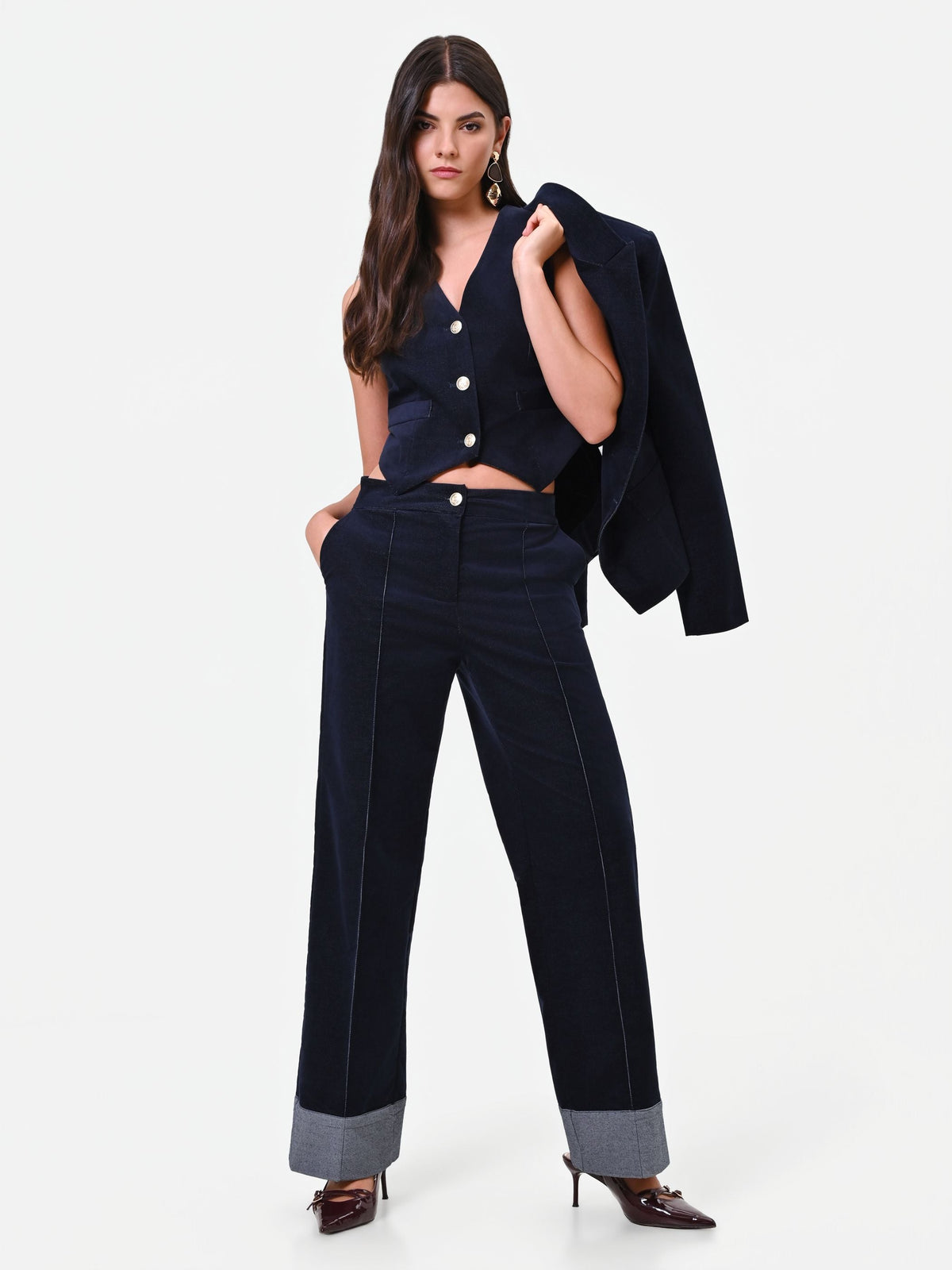 Pantalone blu navy in velluto con impunture a contrasto Giorgia Palmas X Rinascimento