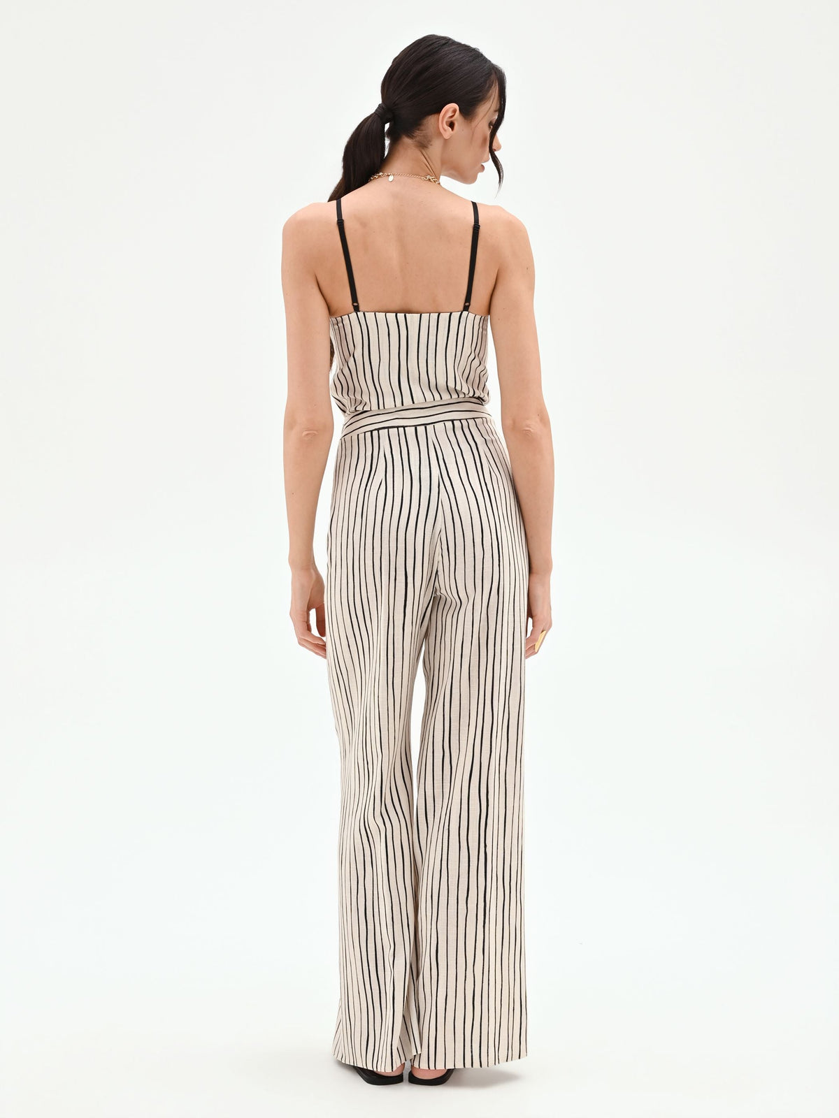 Pantalone in lino panna a palazzo con fantasia a righe