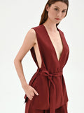 Gilet in lino rosso bordeaux con cintura