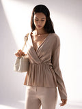 Blusa portafoglio tortora beige con arriccio