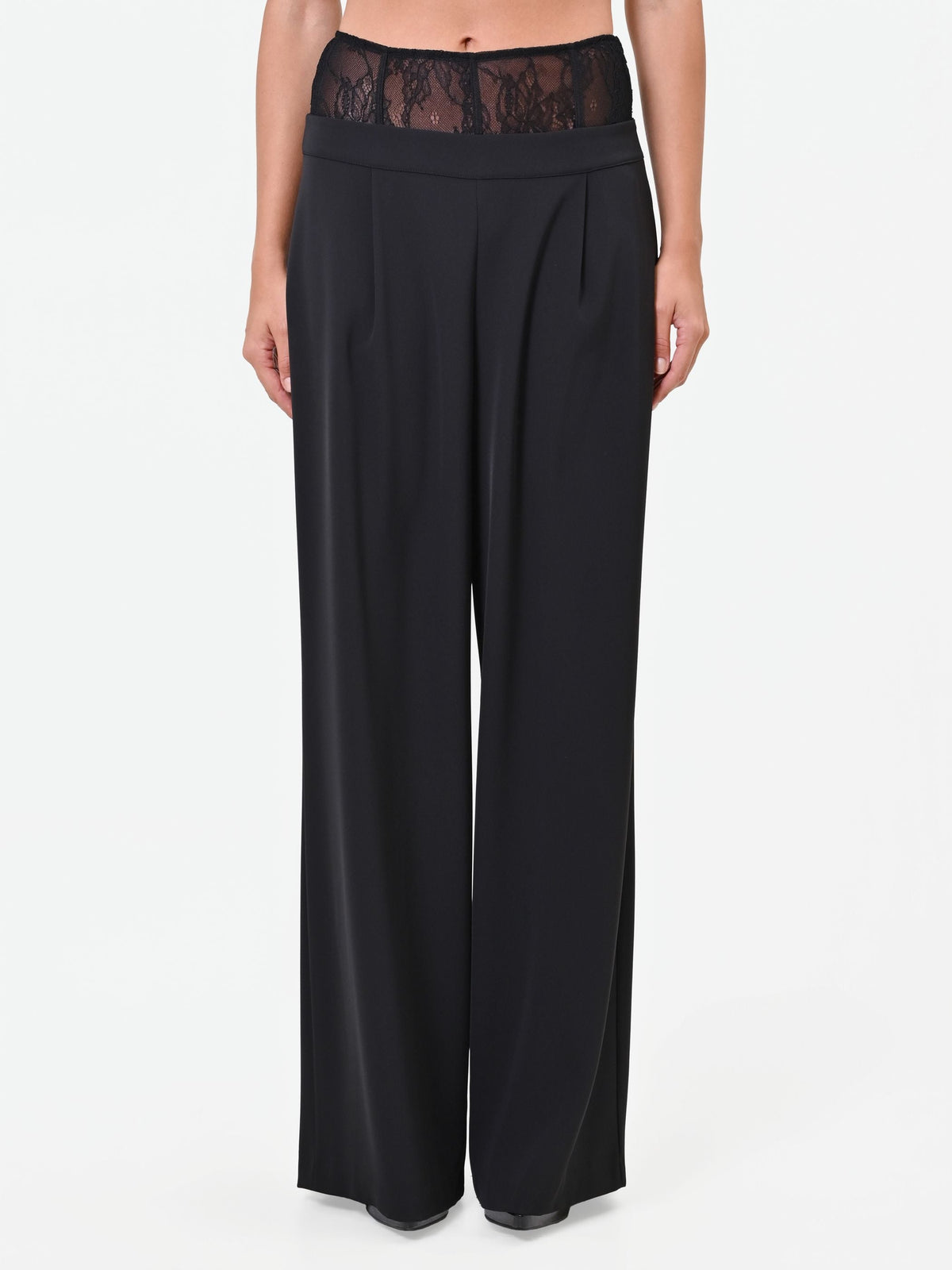 Pantalone palazzo nero con fascia in pizzo