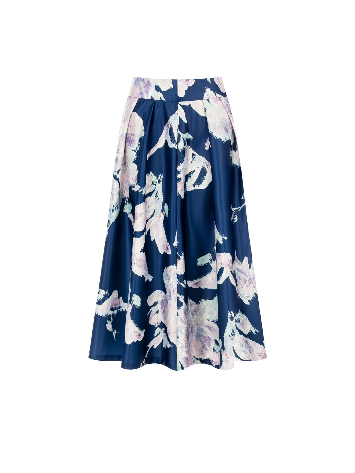Gonna midi svasata in duchesse a fiori blu brillante