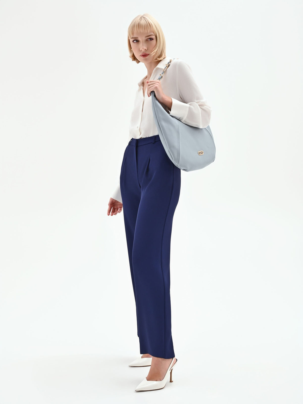 Pantalone Studio con pinces e vita alta in cadi blu indaco