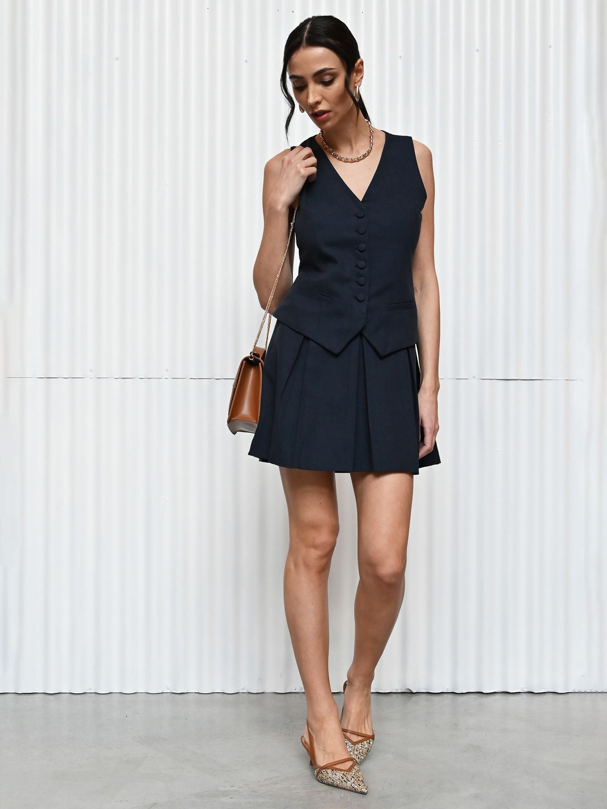 Abito corto effetto due pezzi blu navy