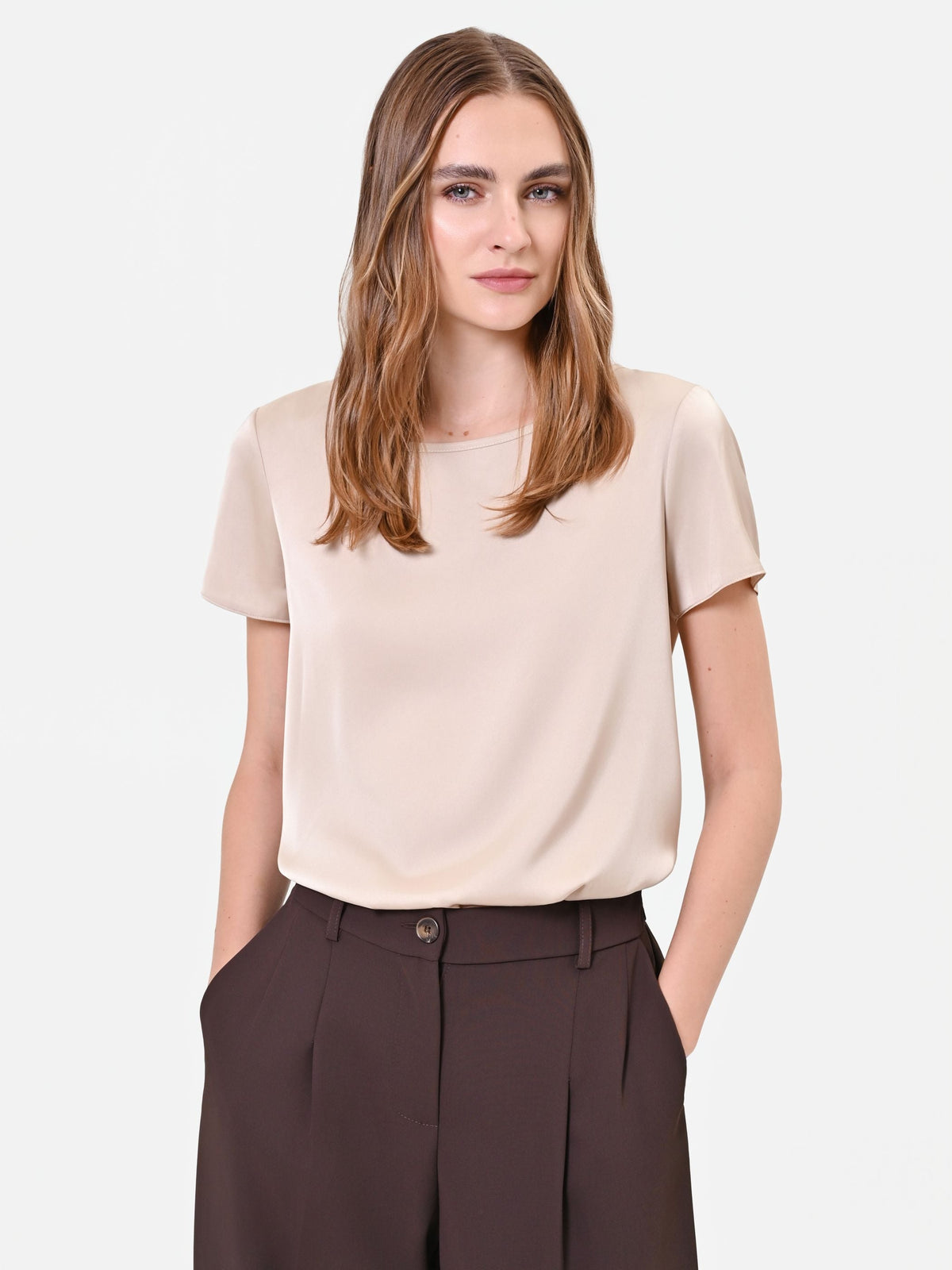 Blusa in raso tortora beige