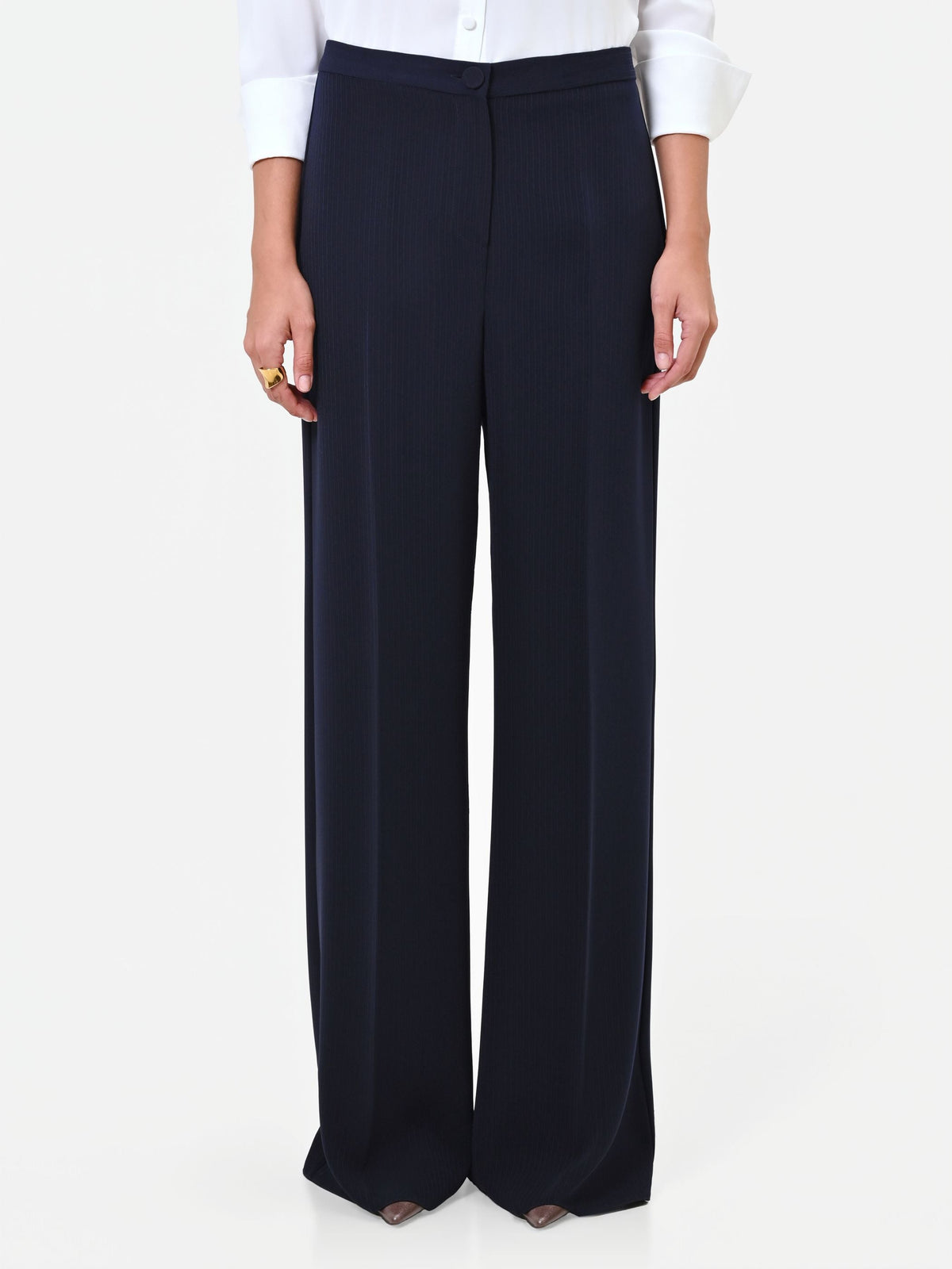 Pantalone Studio gessato a palazzo blu navy in crepe