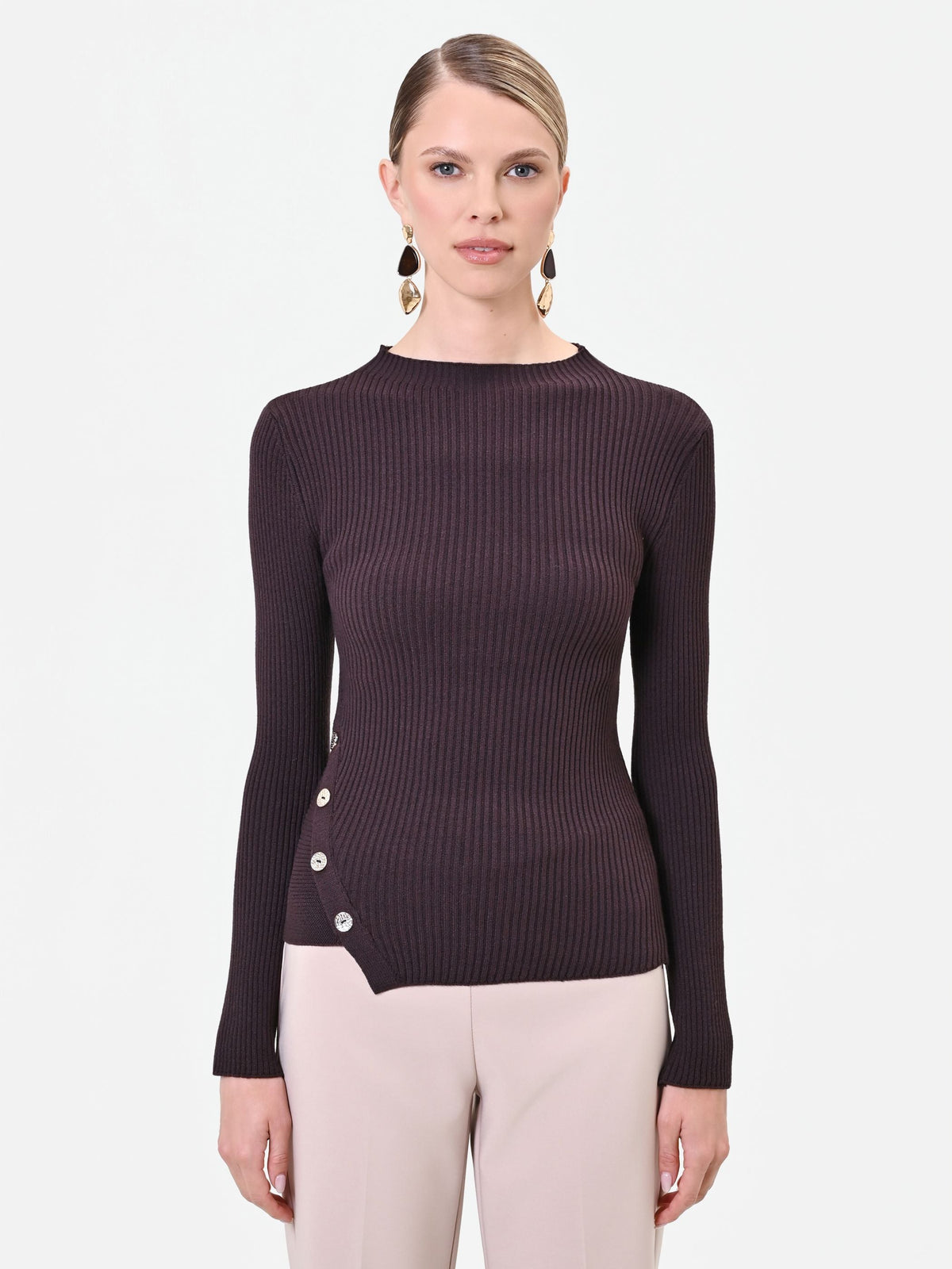 Maglia a coste con fondo asimmetrico marrone misto viscosa