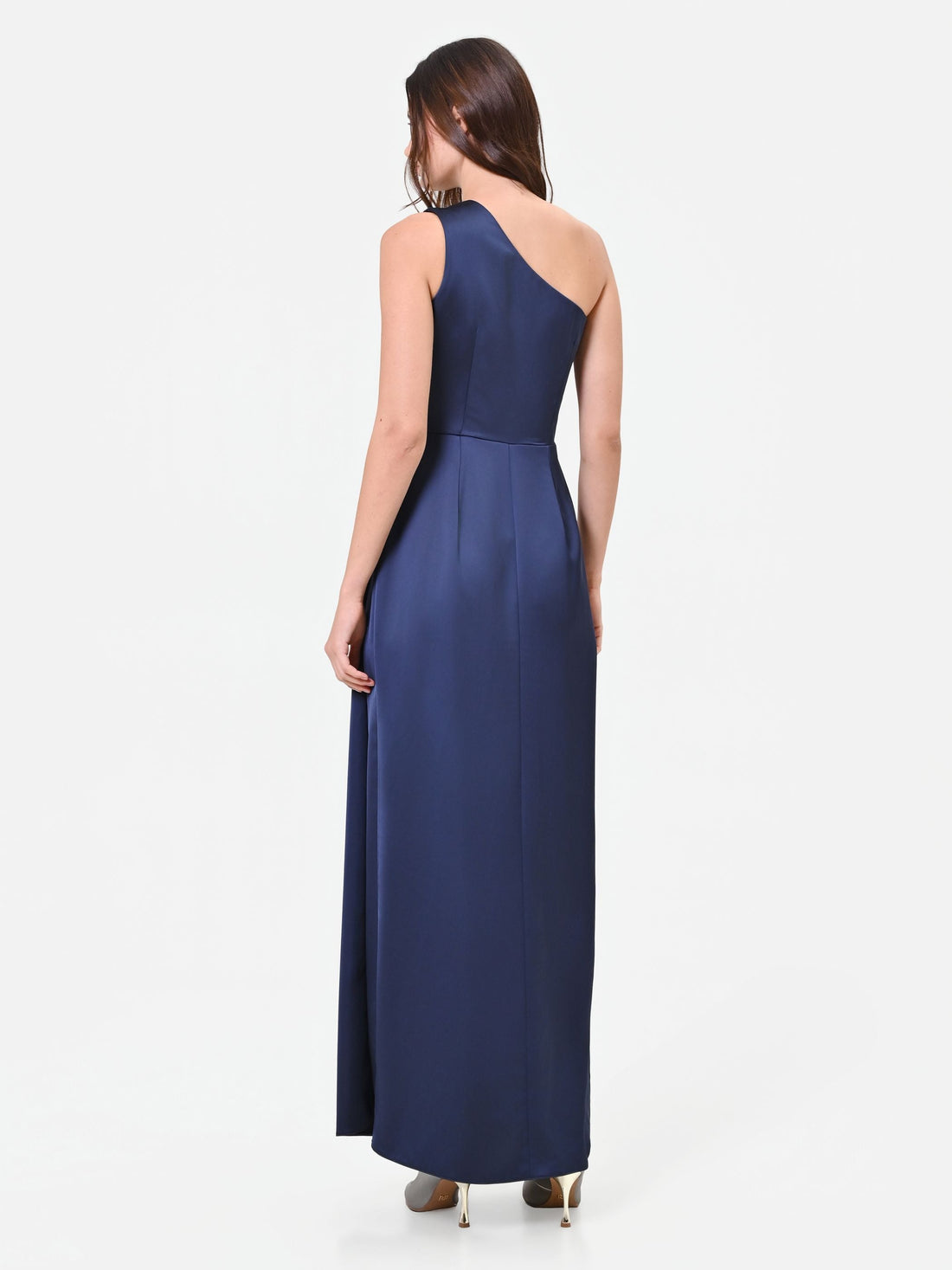 Abito lungo blu navy monospalla con drappeggio