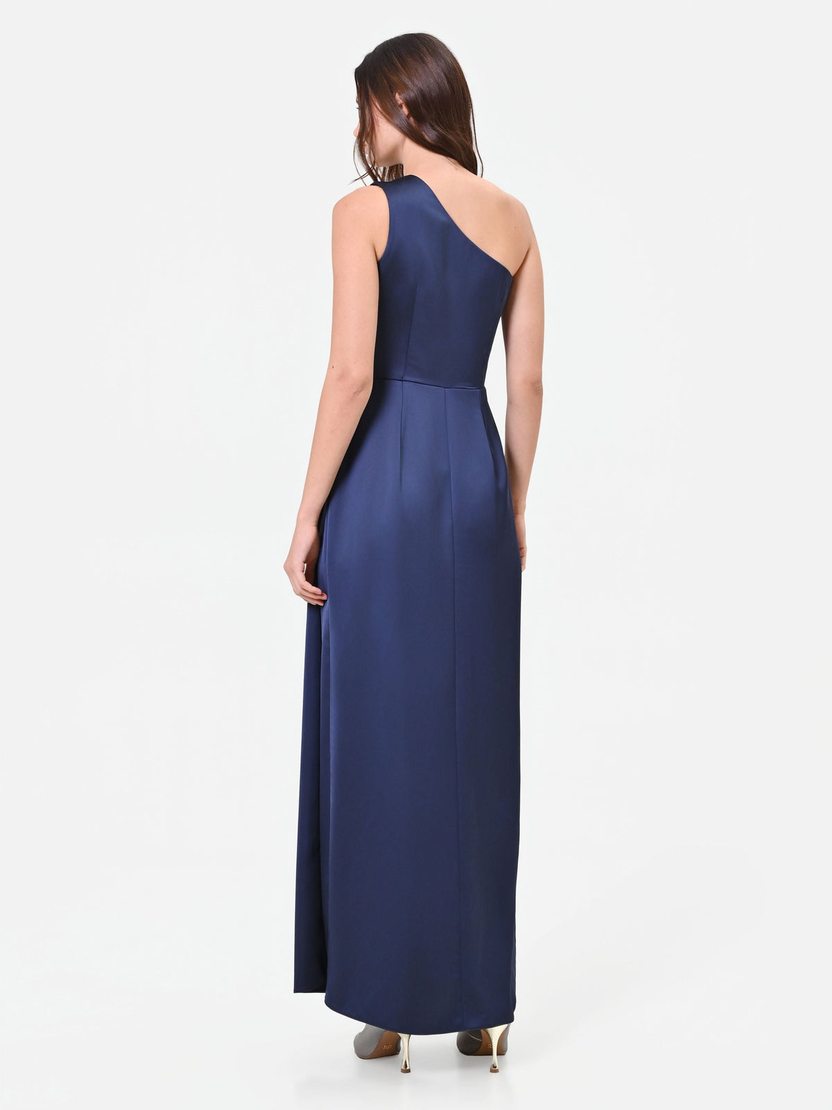 Abito lungo blu navy monospalla con drappeggio