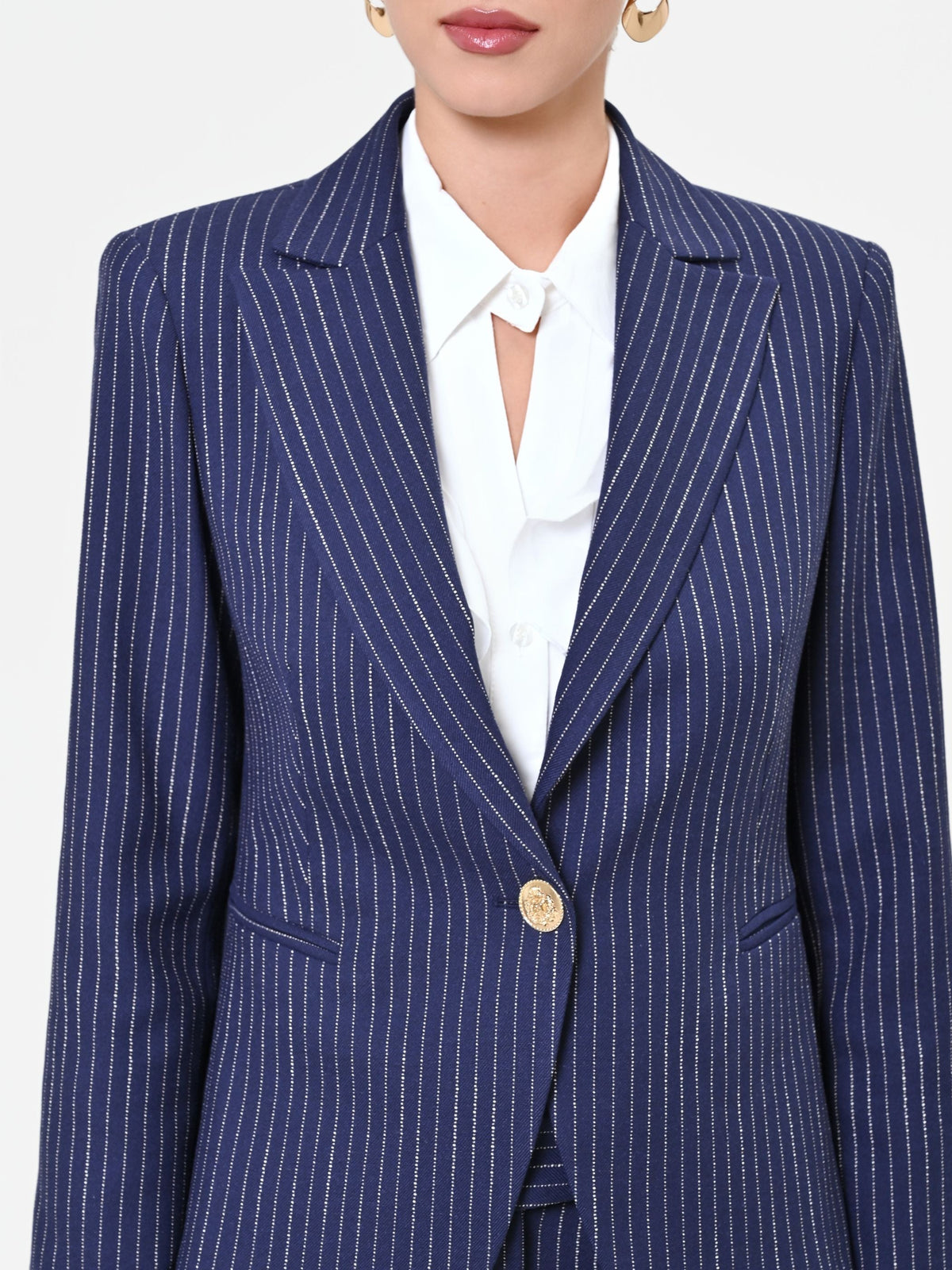 Giacca in misto viscosa blu navy gessata con bottone dorato