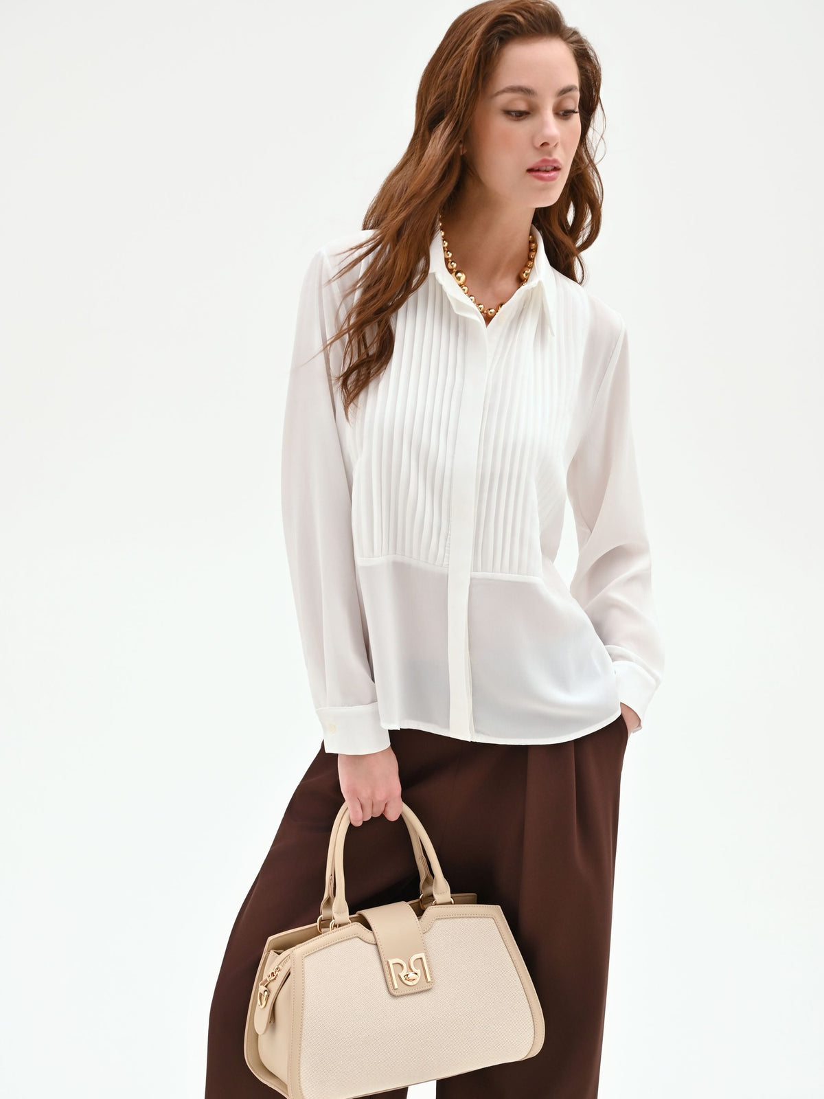 Camicia panna bianco con plastron plissé