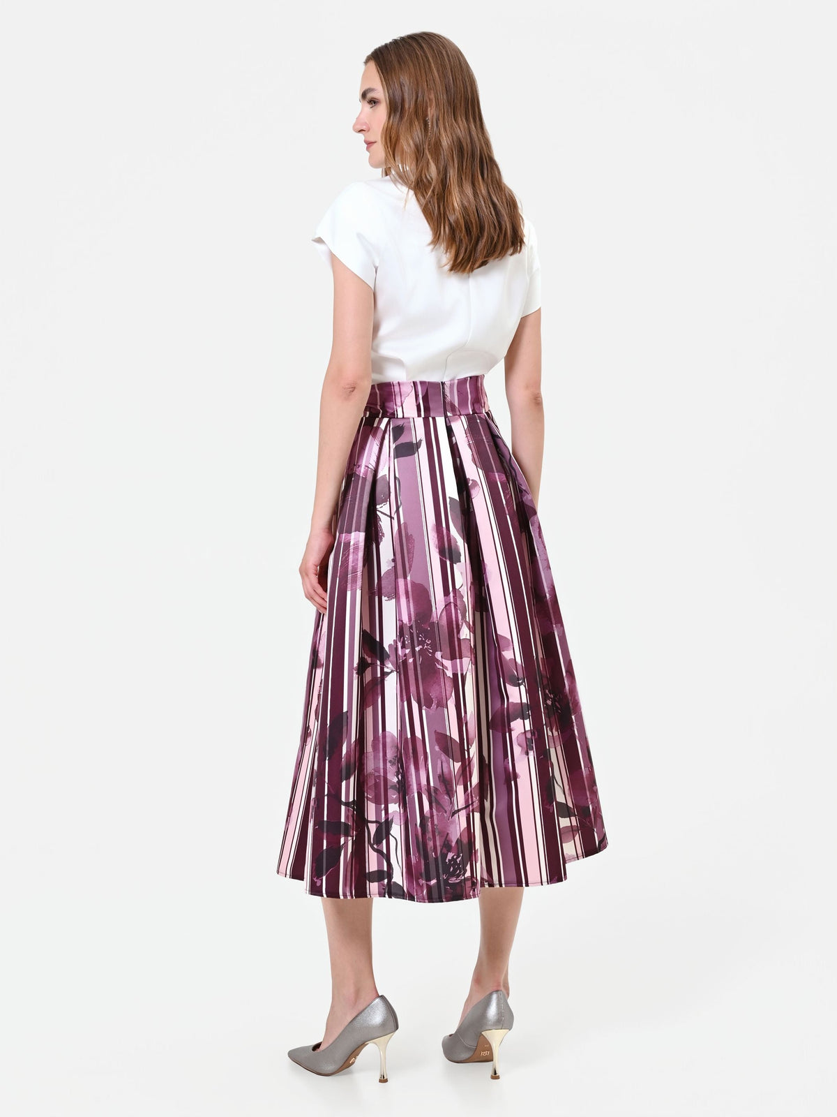 Gonna midi plissettata rosso bordeaux con fantasia floreale