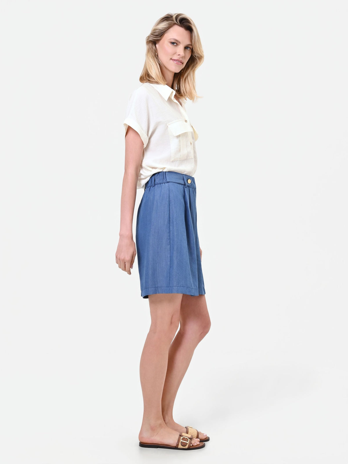 Pantalone bermuda blu in lyocell