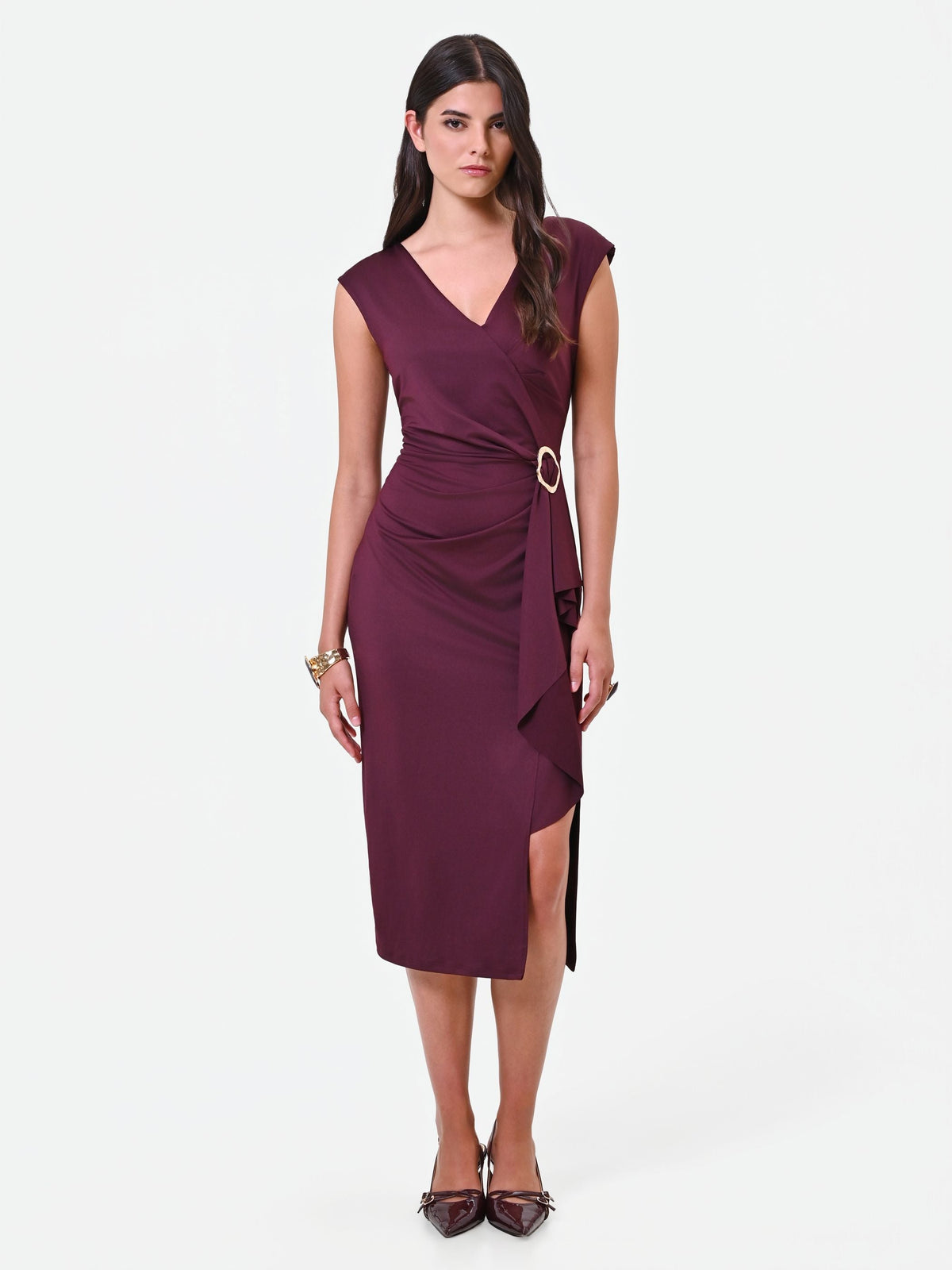 Abito midi drappeggiato bordeaux con fibbia